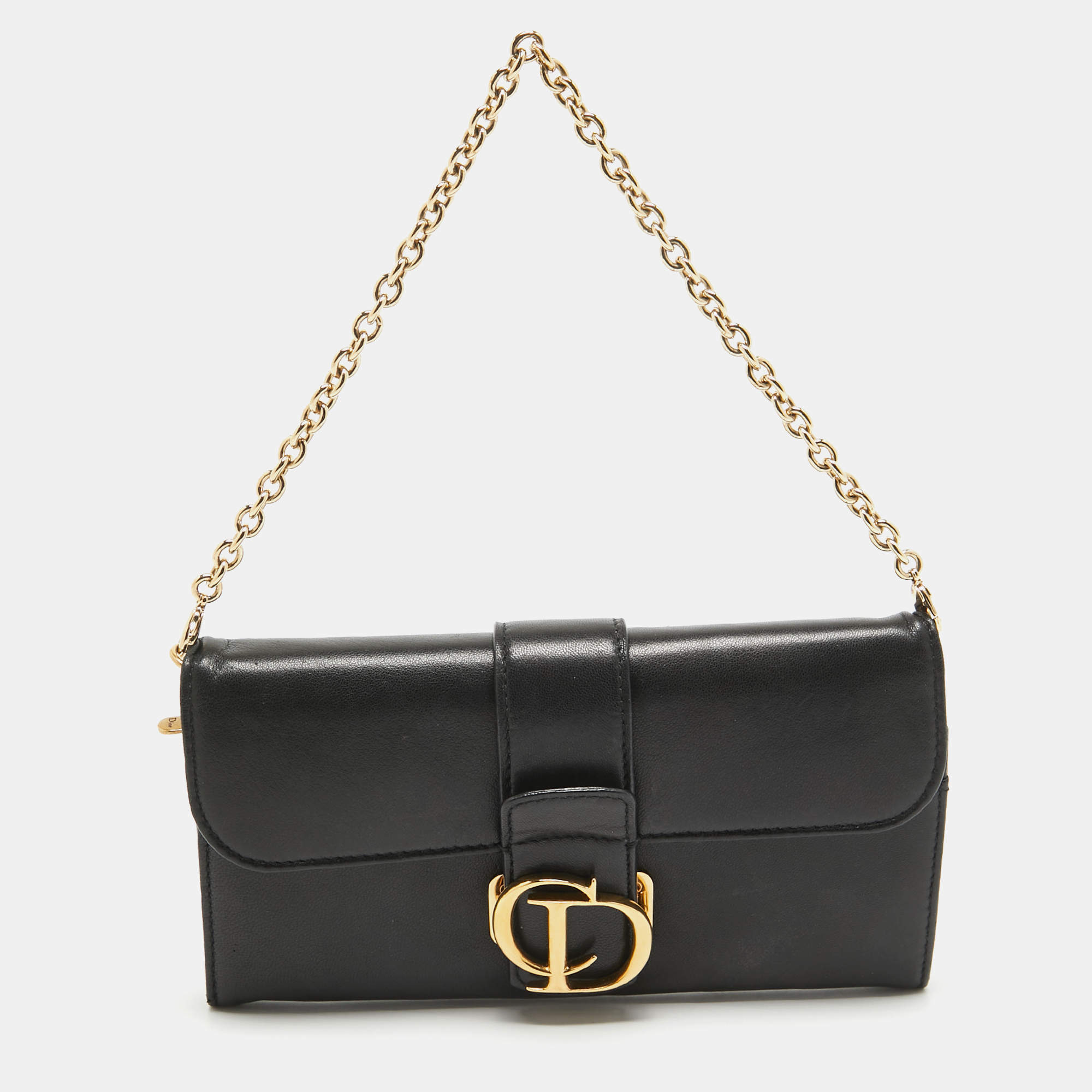 Pre Owned Dior Black Leather Montaigne 30 Wallet on Chain