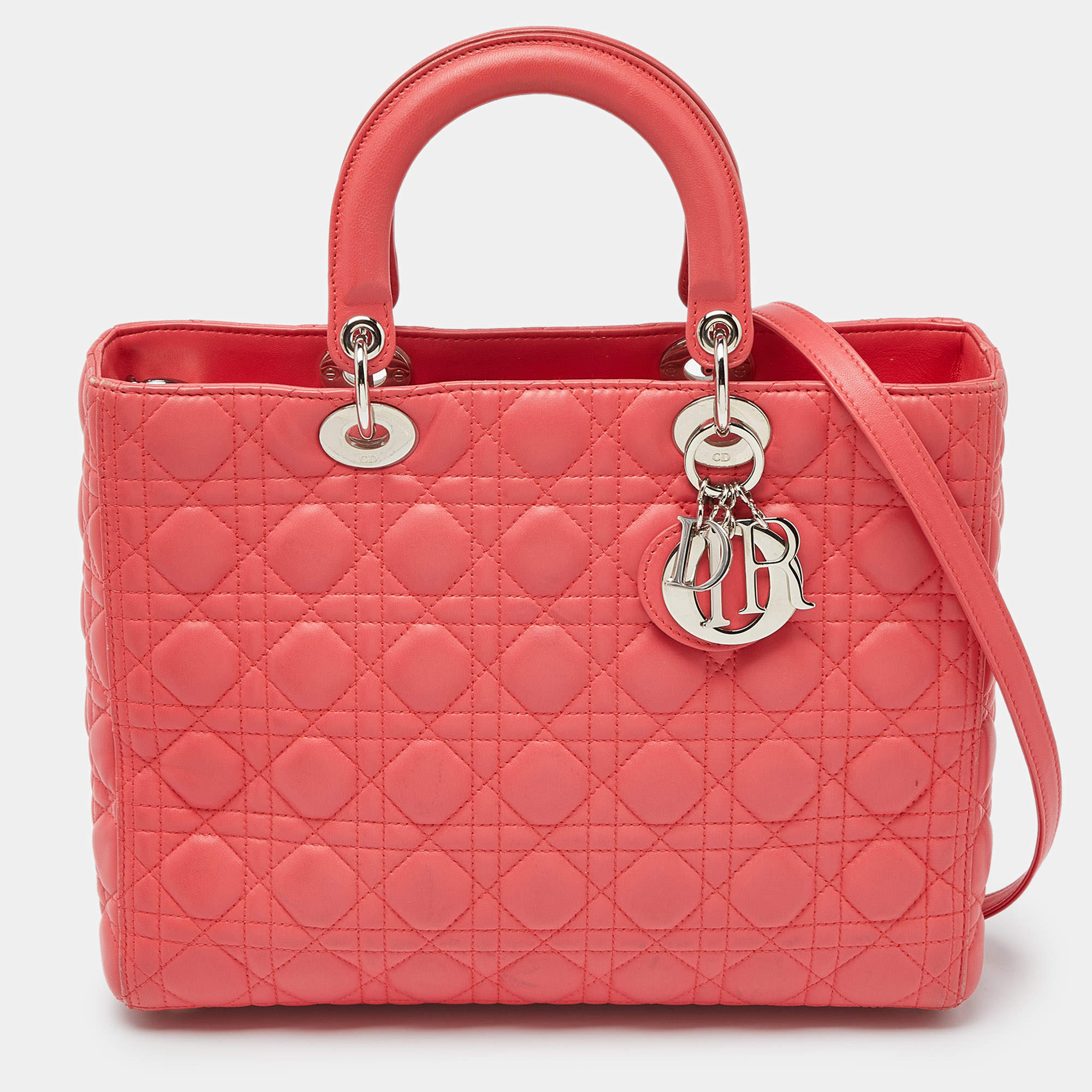 Pre Owned Dior Pink Cannage Leather Large Lady Dior Tote
