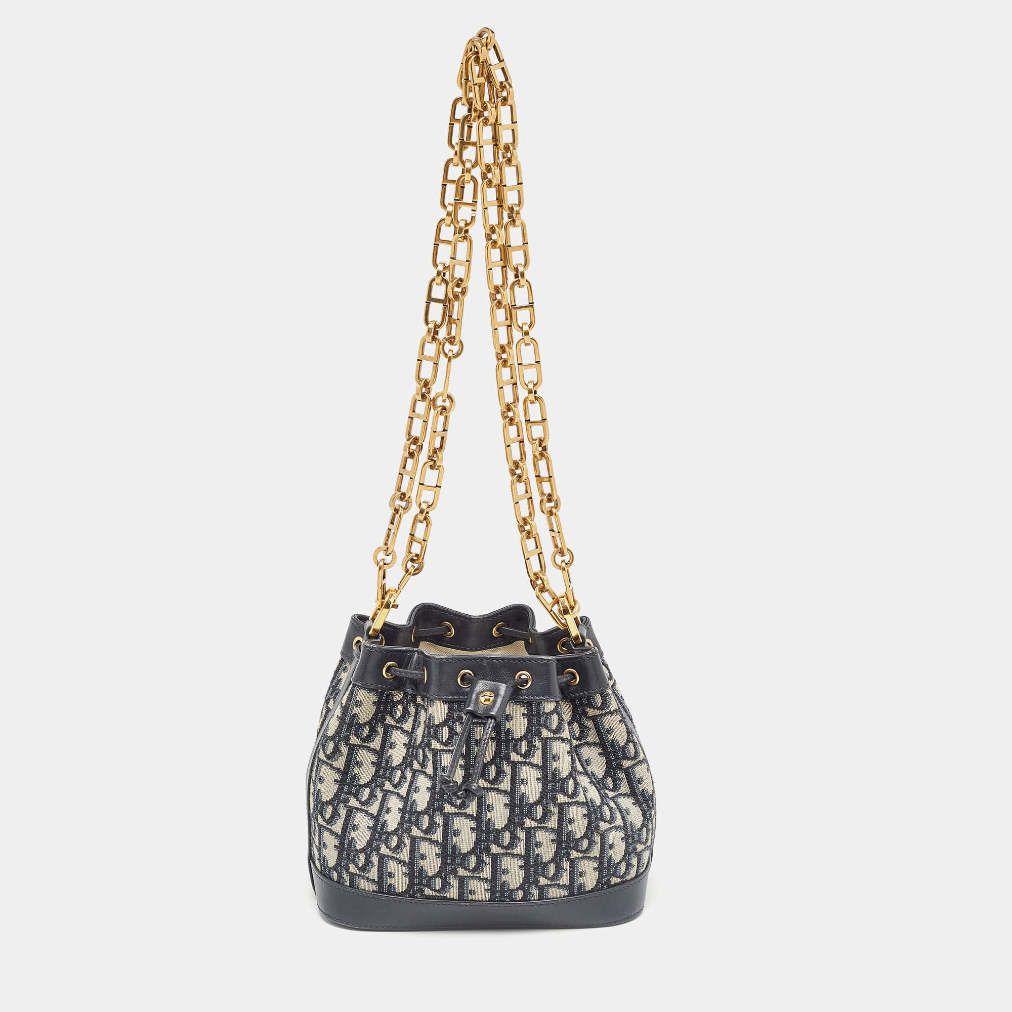 Pre Owned Dior Navy Blue Oblique Canvas and Leather Drawstring Chain Bucket Bag