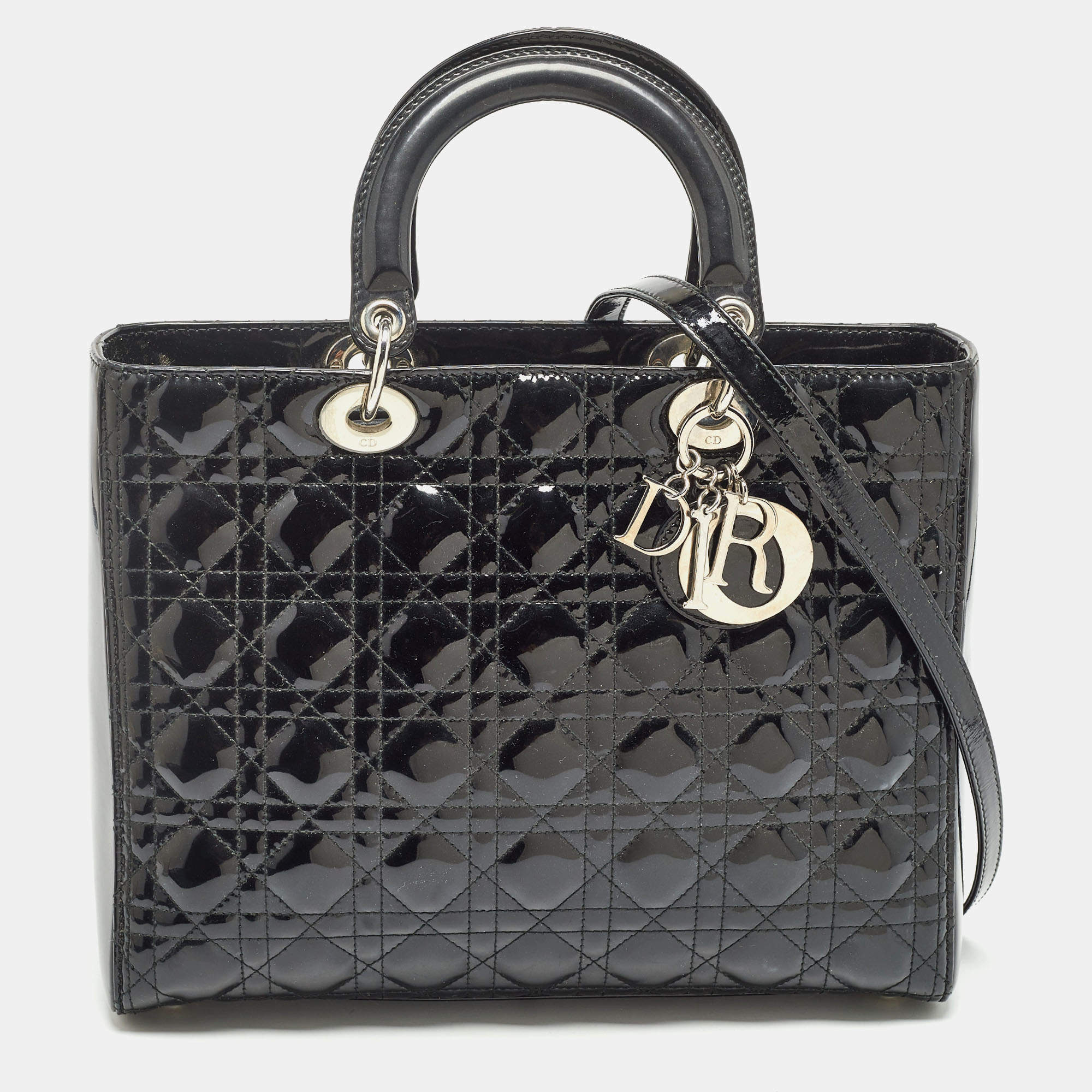 Pre Owned Dior Black Cannage Patent Leather Large Lady Dior Tote