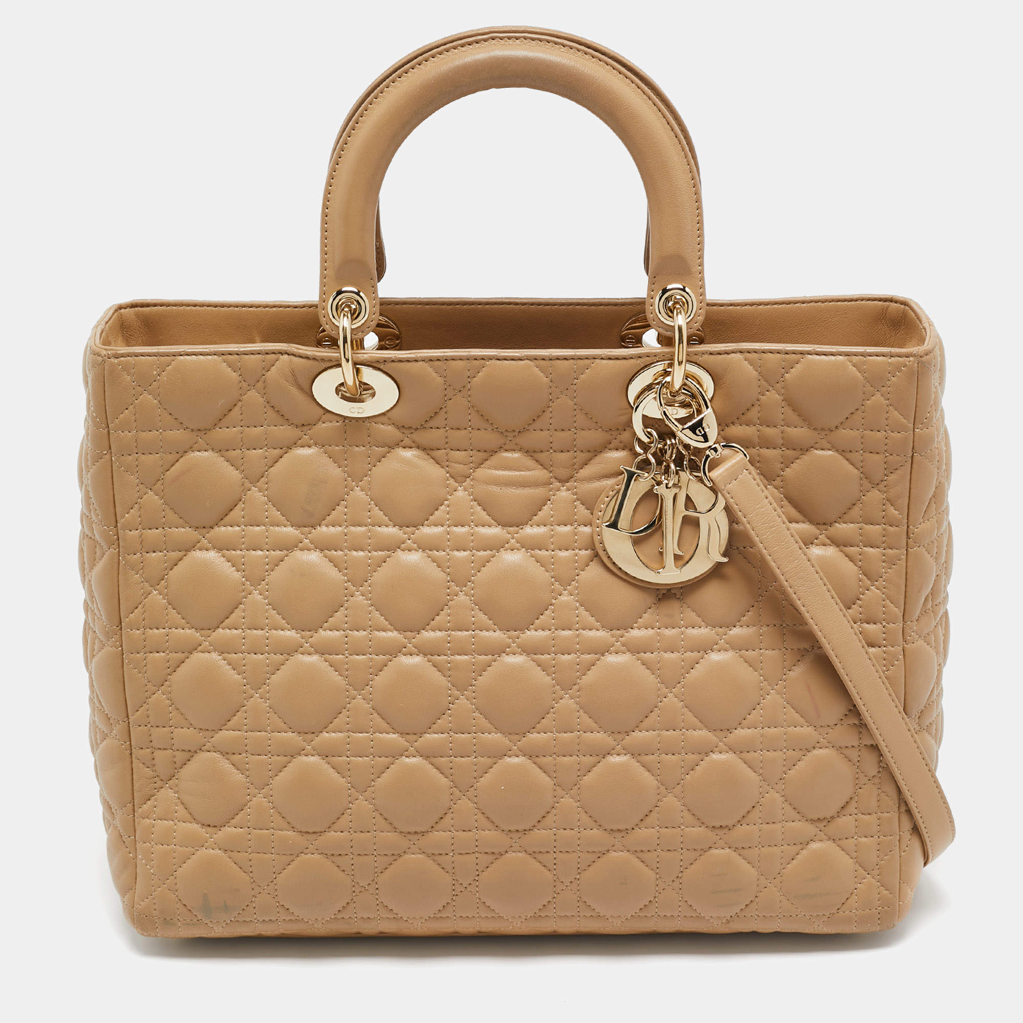 Pre Owned Dior Beige Cannage Leather Large Lady Dior Tote