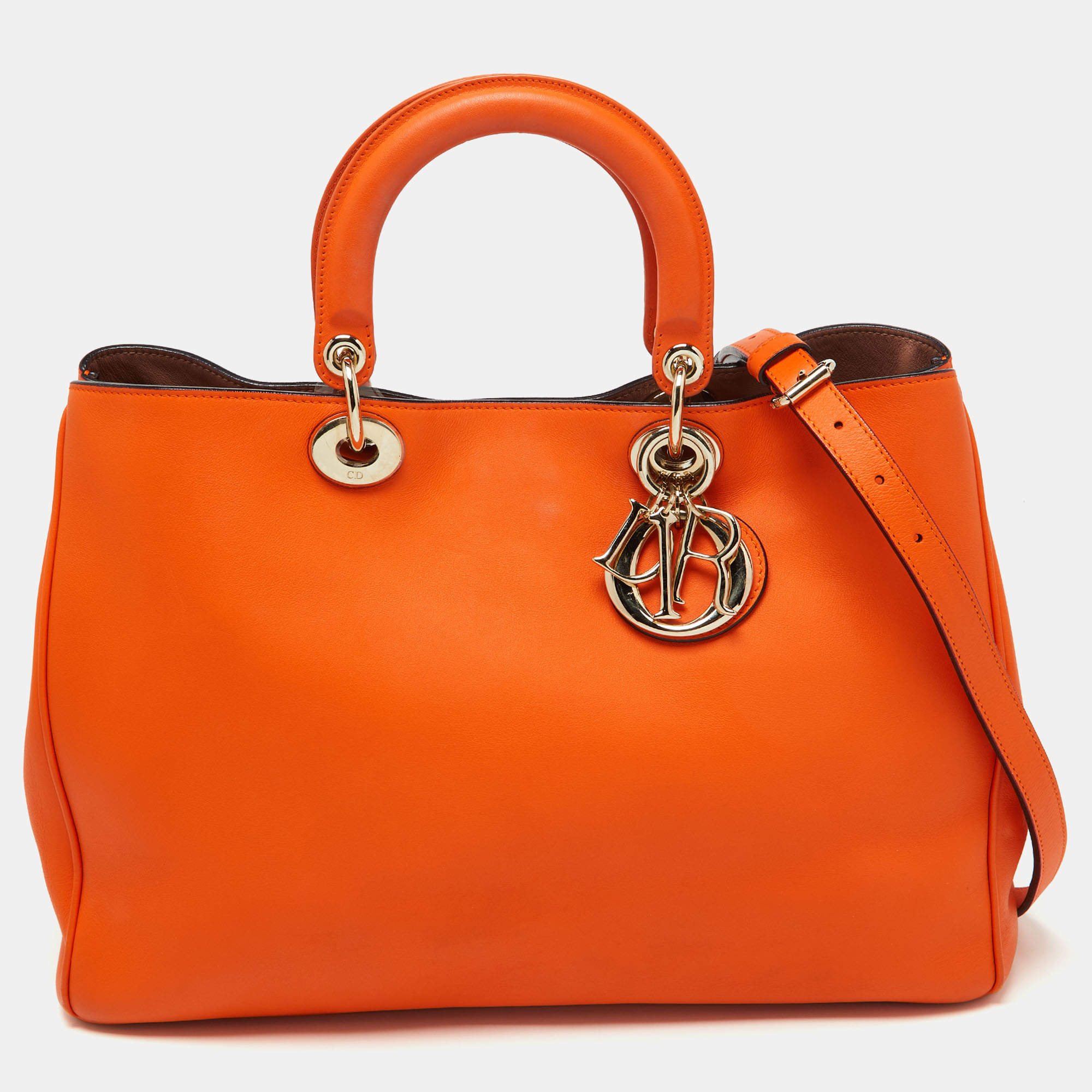 Pre Owned Dior Orange Leather Large Diorissimo Shopper Tote