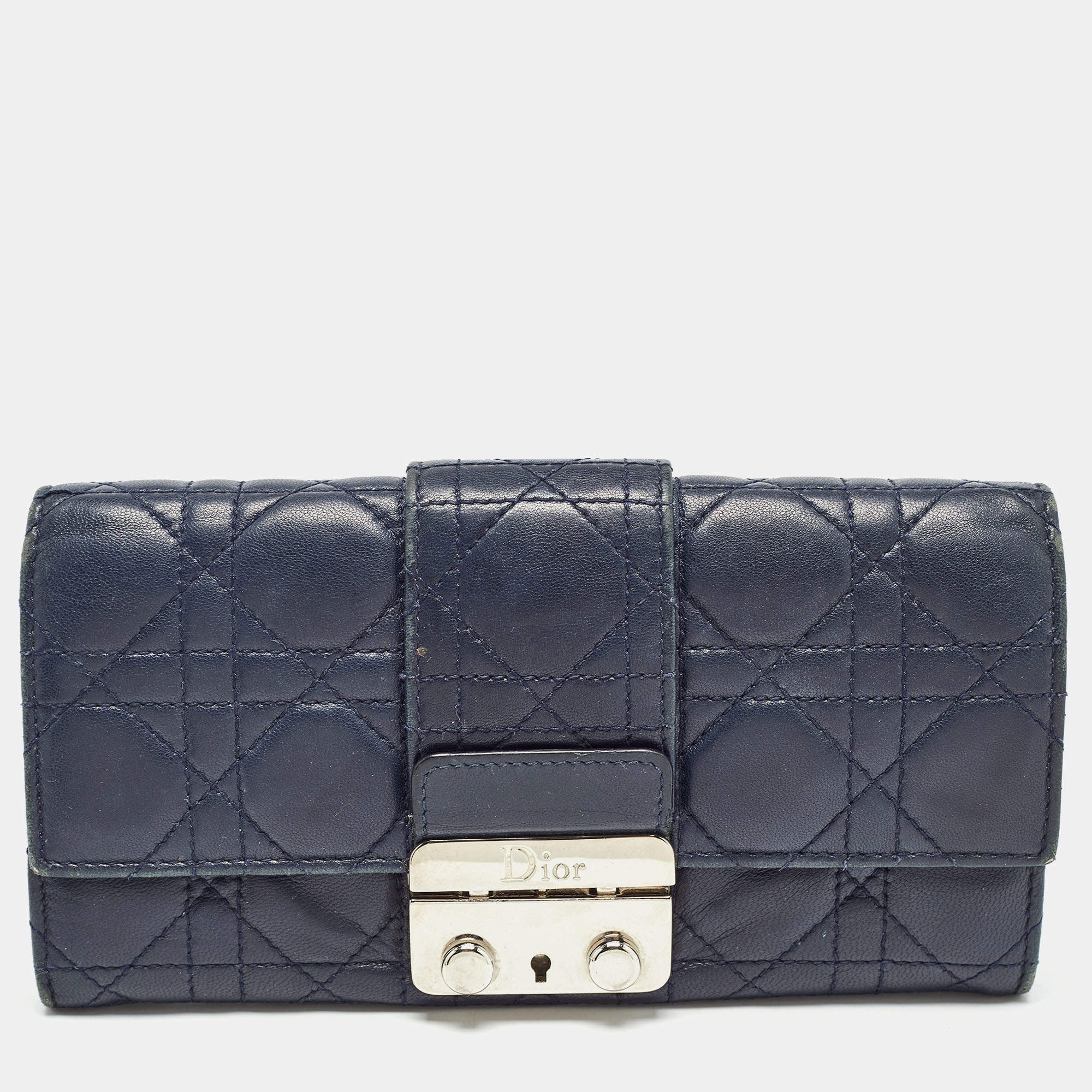 Pre Owned Dior Navy Blue Cannage Quilted Leather New Lock Wallet on Chain