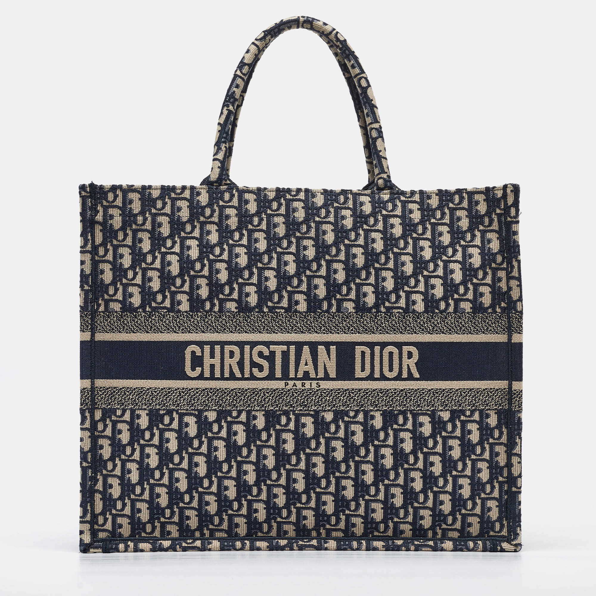 Pre Owned Dior Navy Blue Oblique Embroidered Canvas Large Book Tote