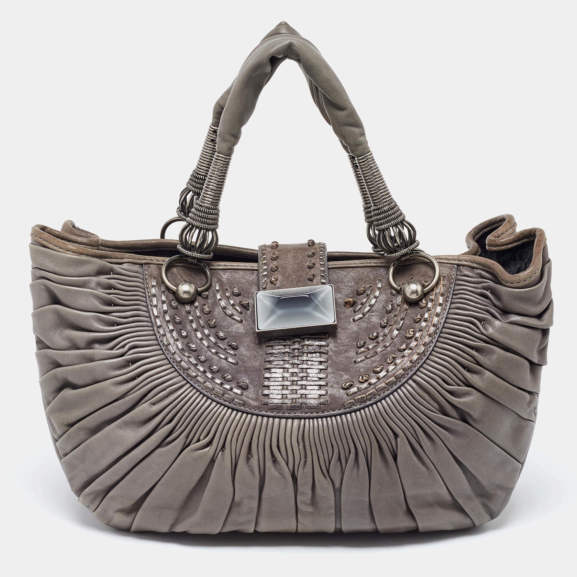 Pre Owned Dior Grey Pleated Leather Plisse Tote