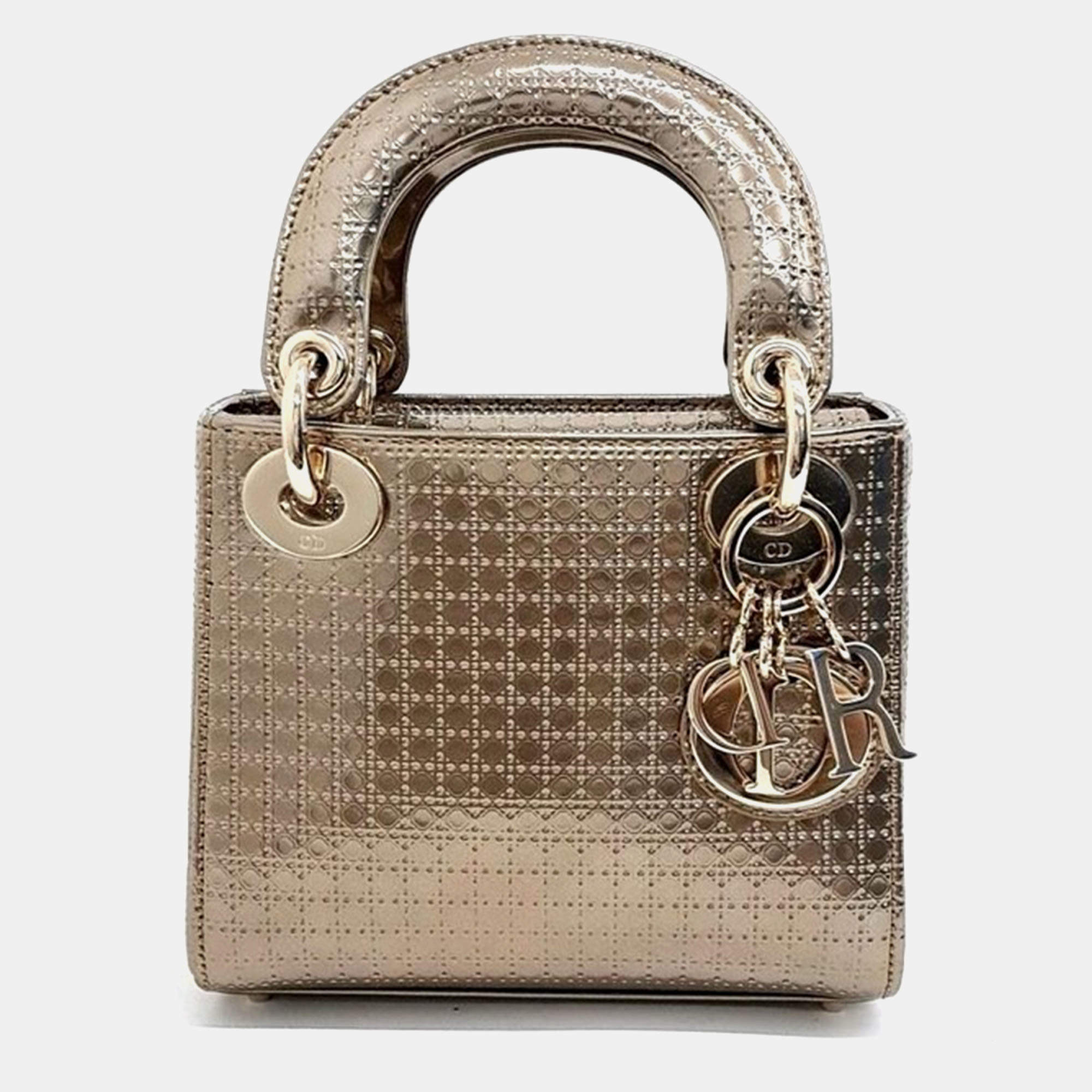 Pre Owned Christian Dior Gold Cannage Leather Lady dior Mini Top Handle Bag