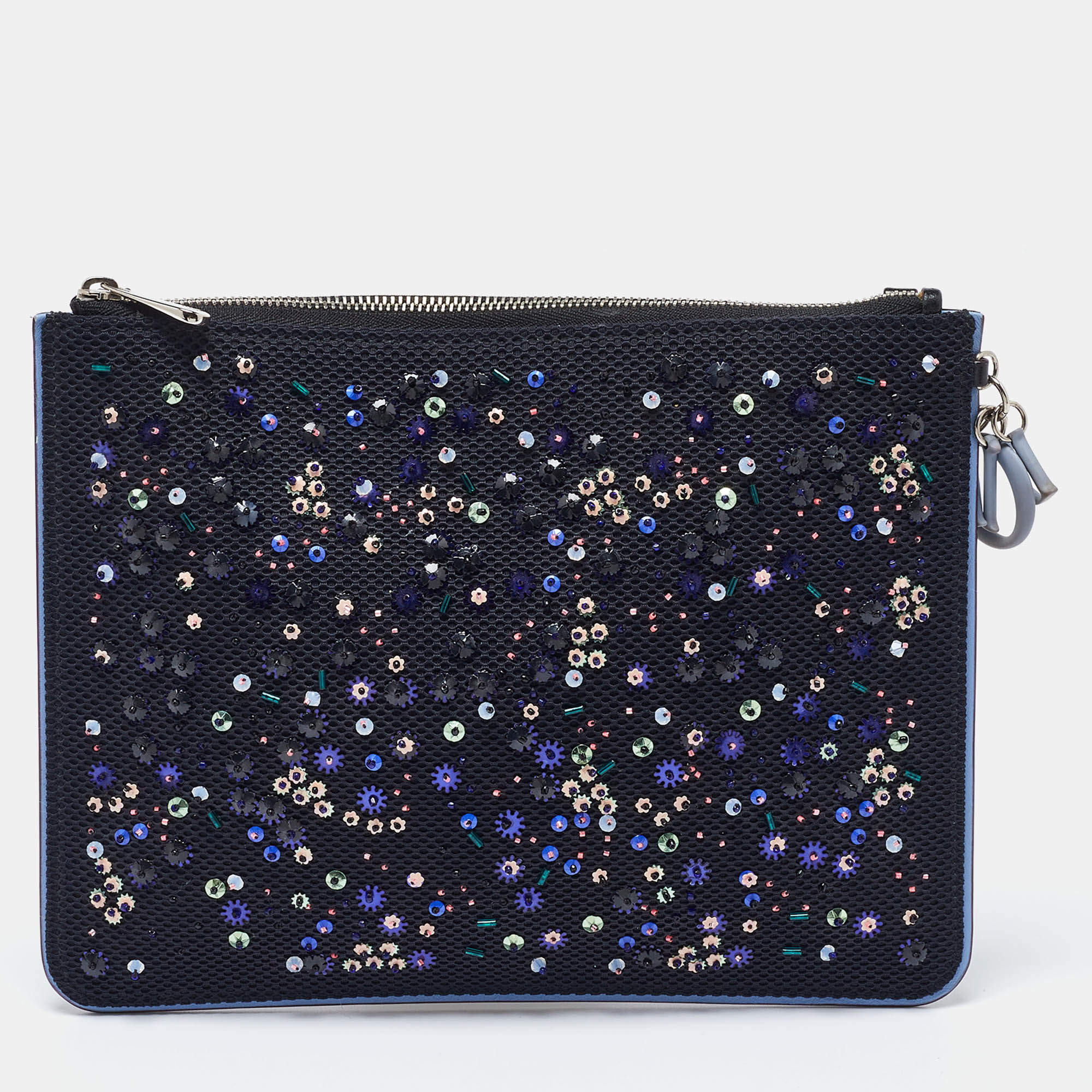 Dior Black/Blue Mesh and Leather Stardust Flat Pouch