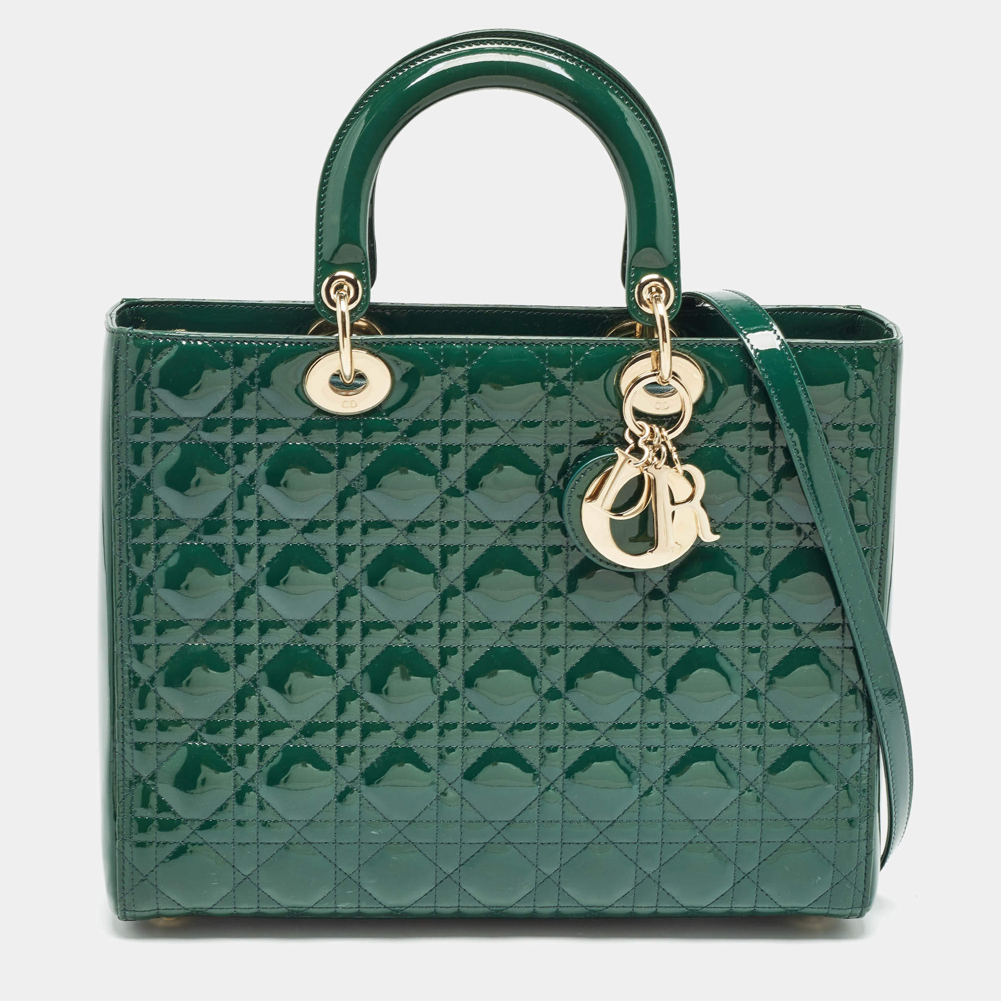 Pre Owned Dior Green Cannage Patent Leather Large Lady Dior Tote