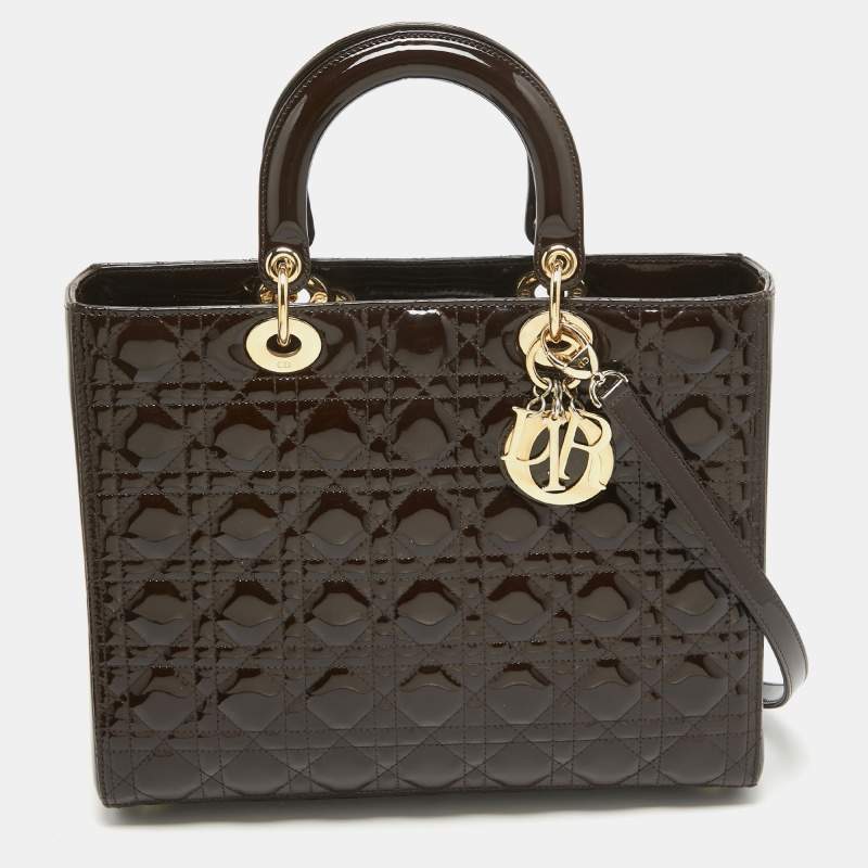 Pre Owned Dior Dark Brown Cannage Patent Leather Large Lady Dior Tote