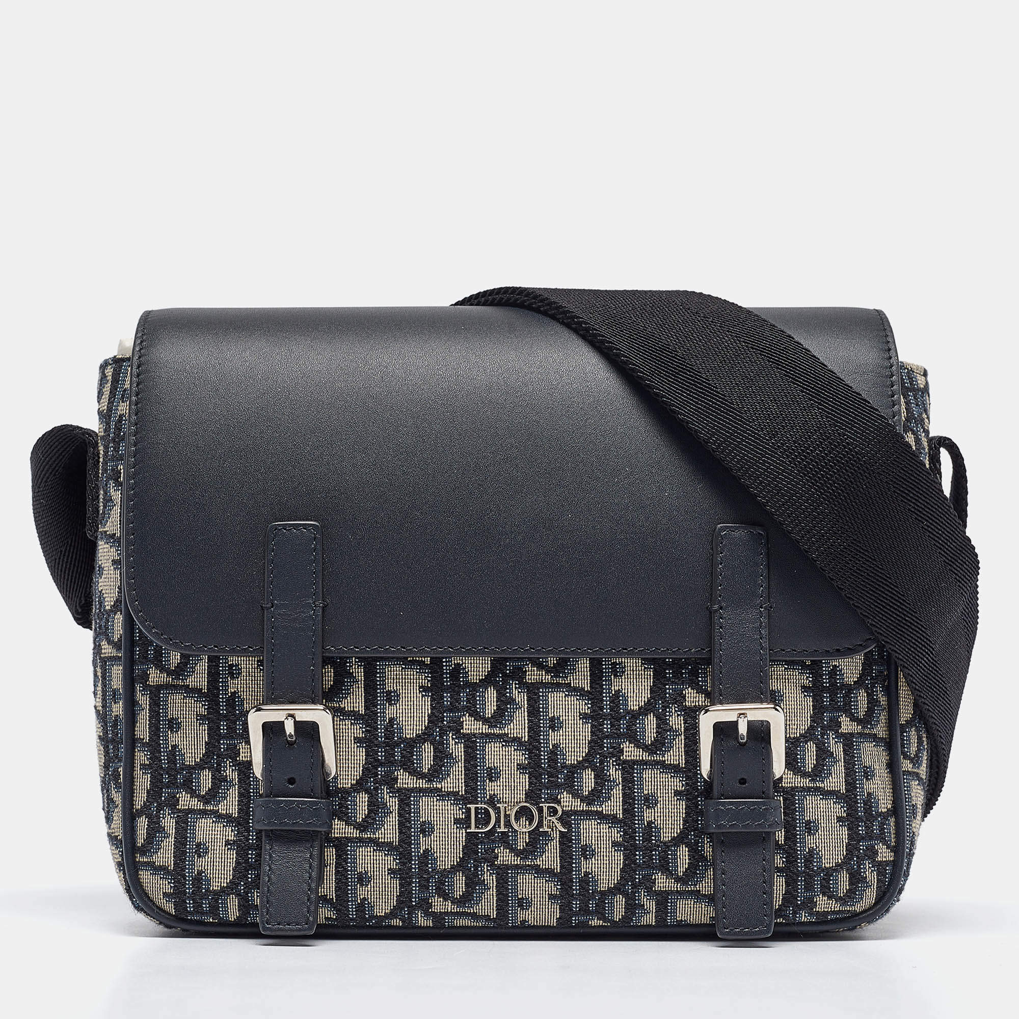 Pre Owned Dior Navy Blue Oblique Canvas and Leather Kid Messenger Bag