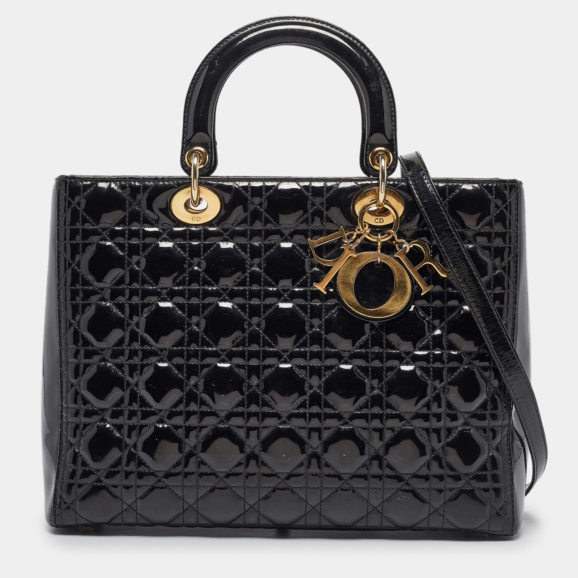 Pre Owned Dior Black Cannage Patent Leather Large Lady Dior Tote
