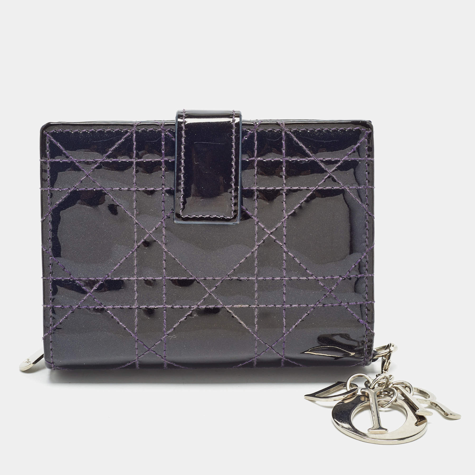 Pre Owned Dior Purple Cannage Patent Leather Lady Dior 5 Gusset Card Holder