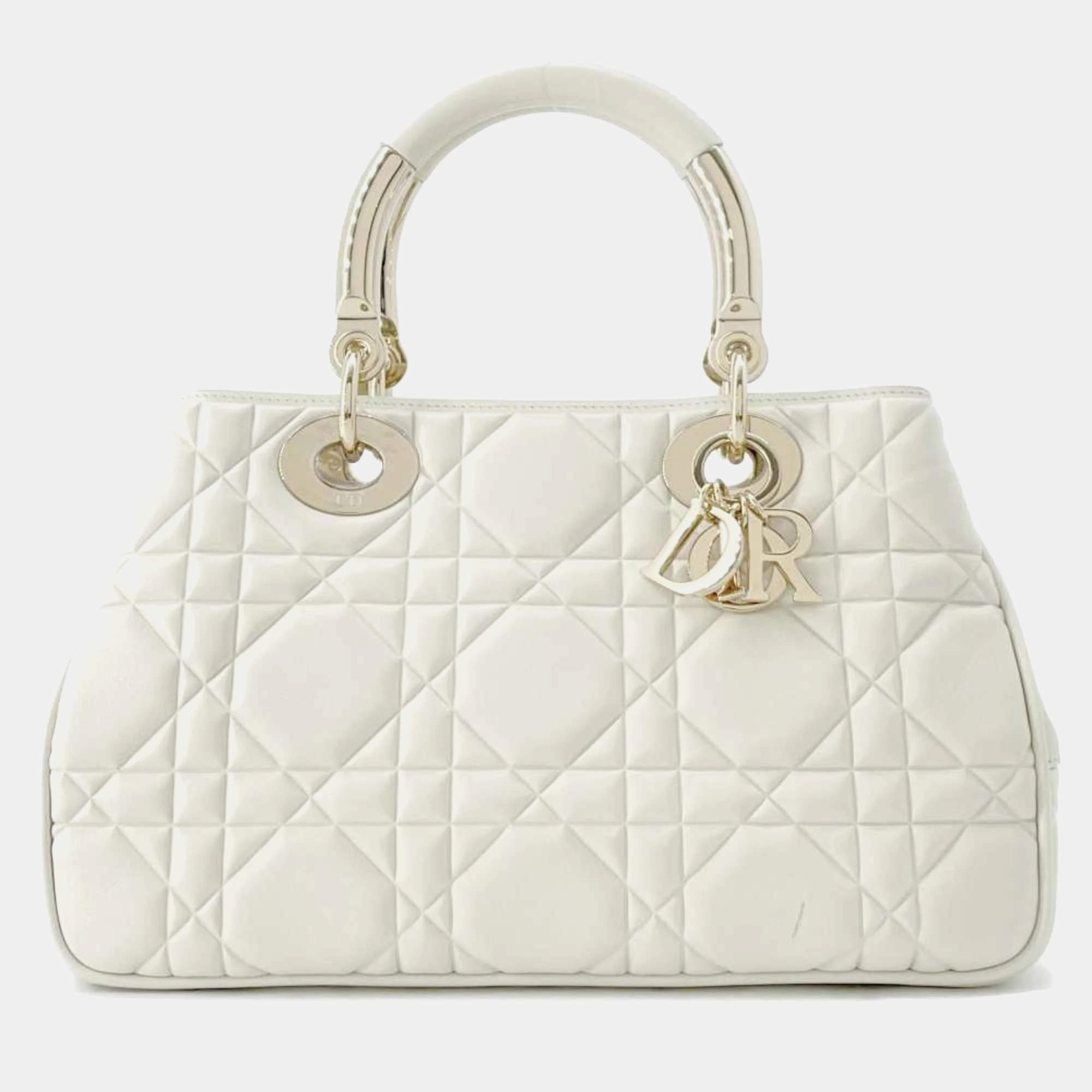 Dior White Leather Medium The Lady 95.22 Top Handle Bag