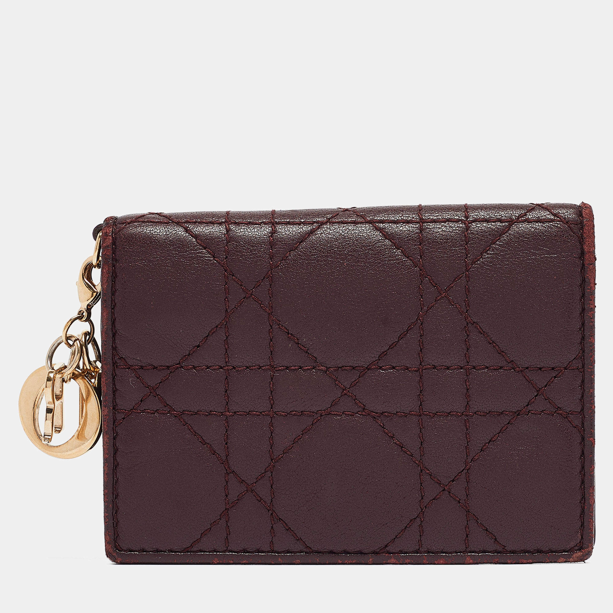 Pre Owned Dior Burgundy Cannage Leather Lady Dior Card Holder