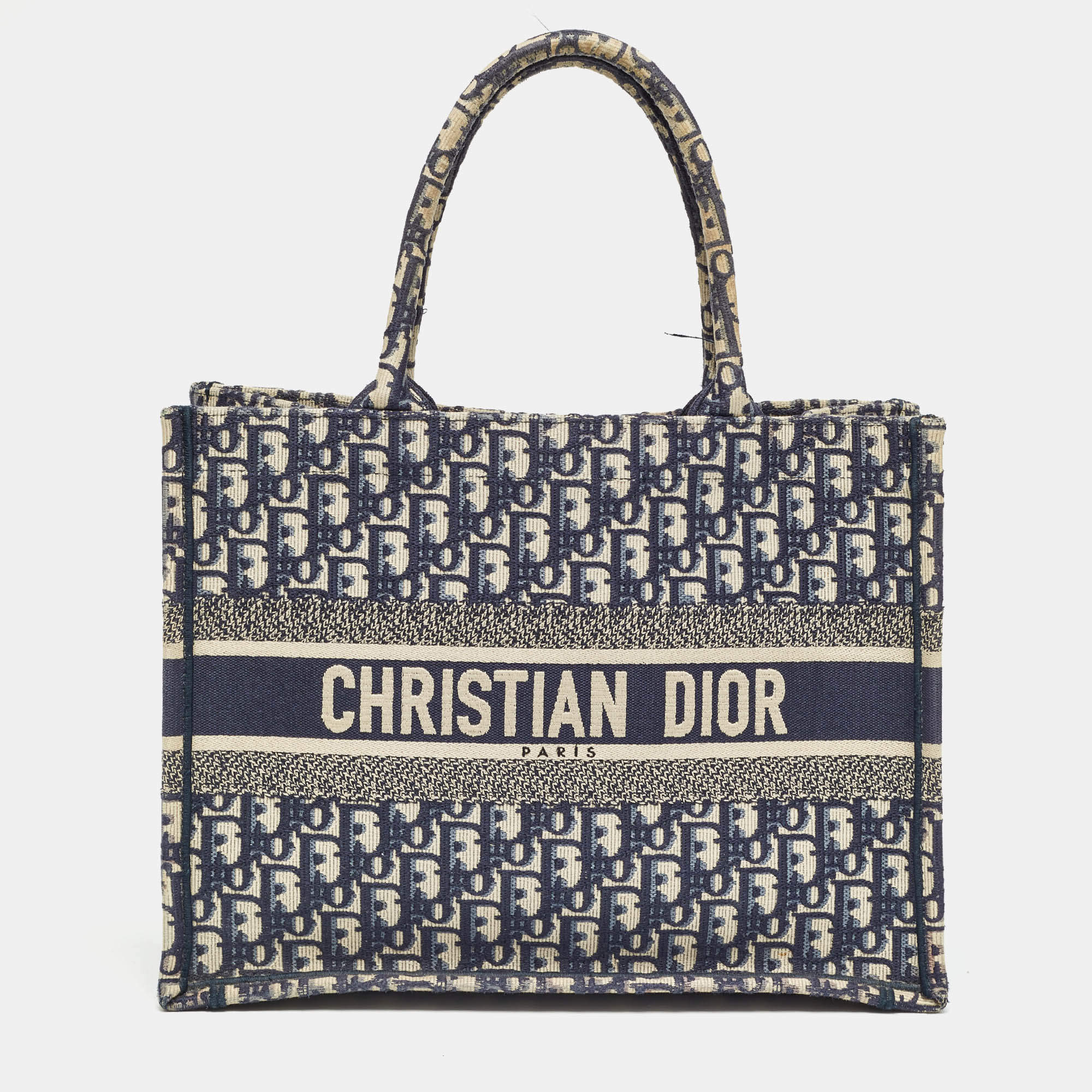 Pre Owned Dior Navy Blue Oblique Embroidered Canvas Medium Book Tote