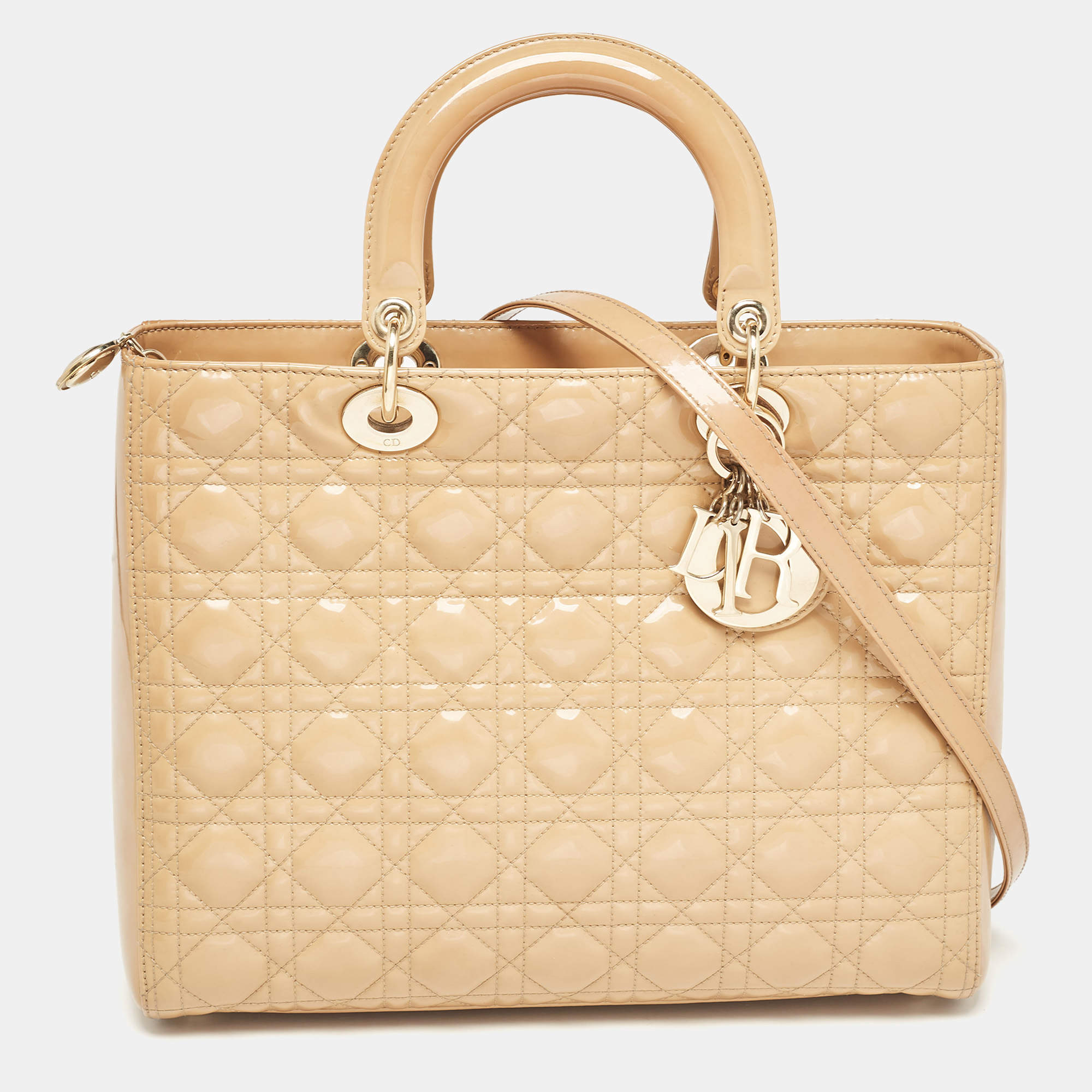Pre Owned Dior Beige Cannage Patent Leather Large Lady Dior Tote