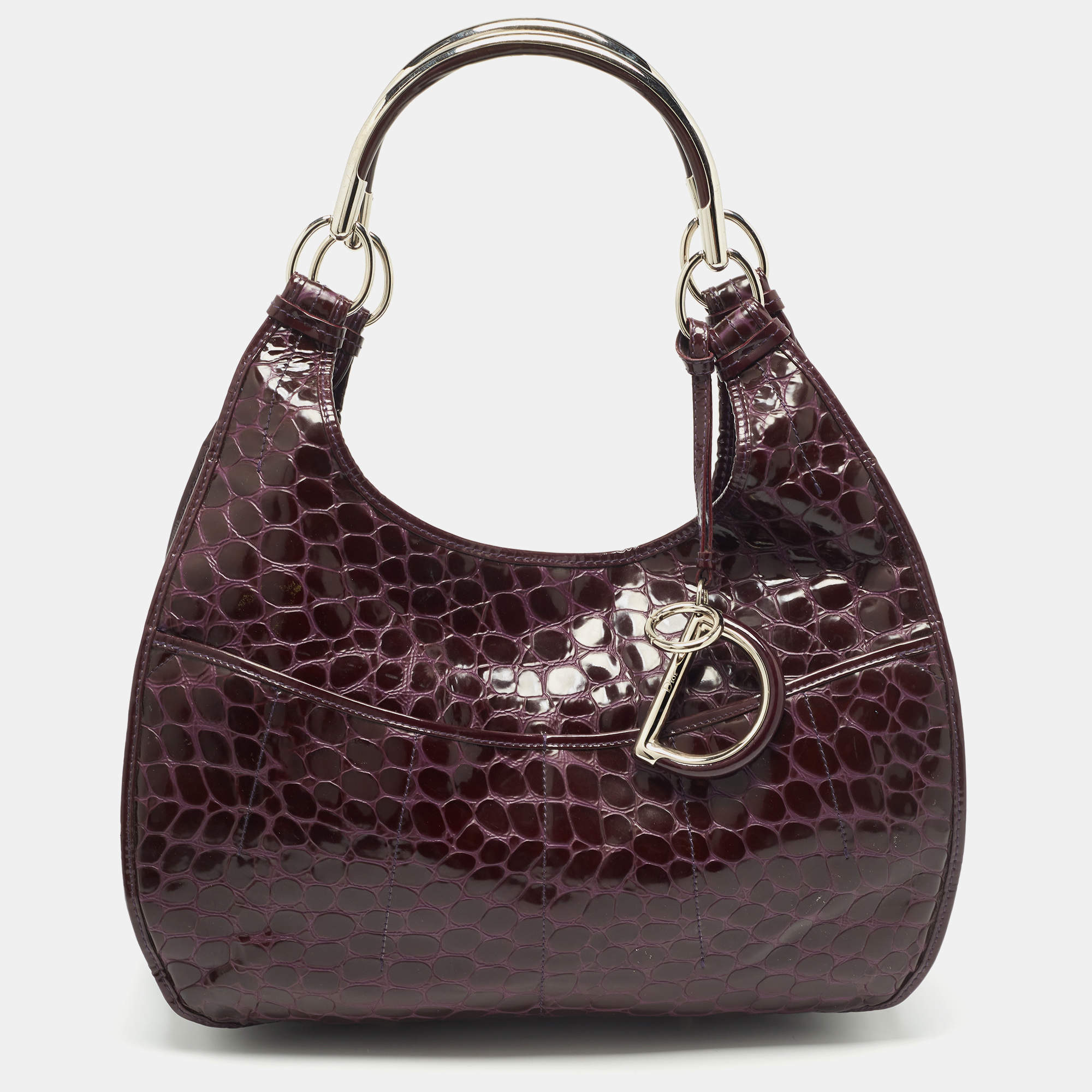 Pre Owned Dior Purple Croc Embossed Patent Leather 61 Tote
