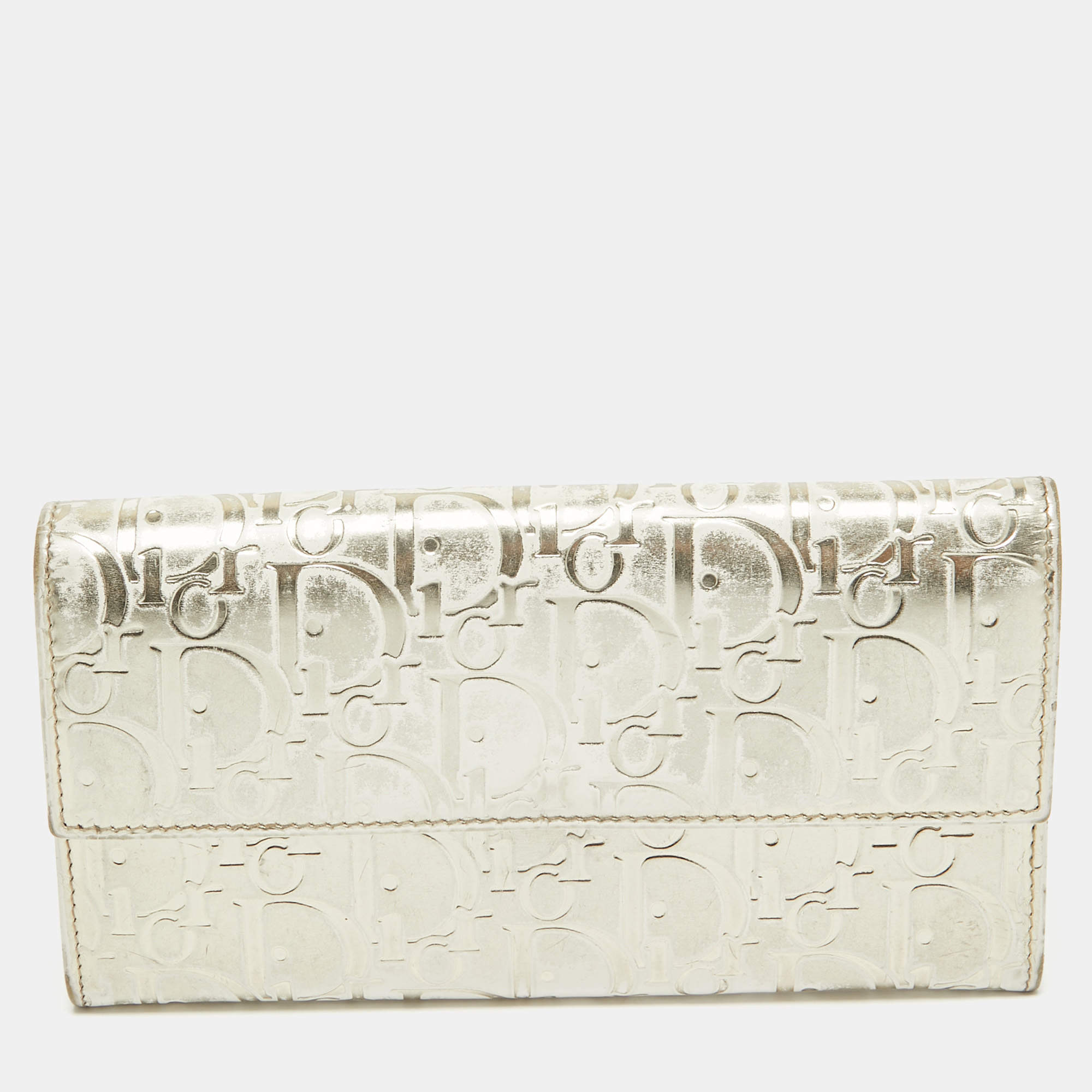 Pre Owned Dior Gold Oblique Embossed Patent Leather Continental Wallet