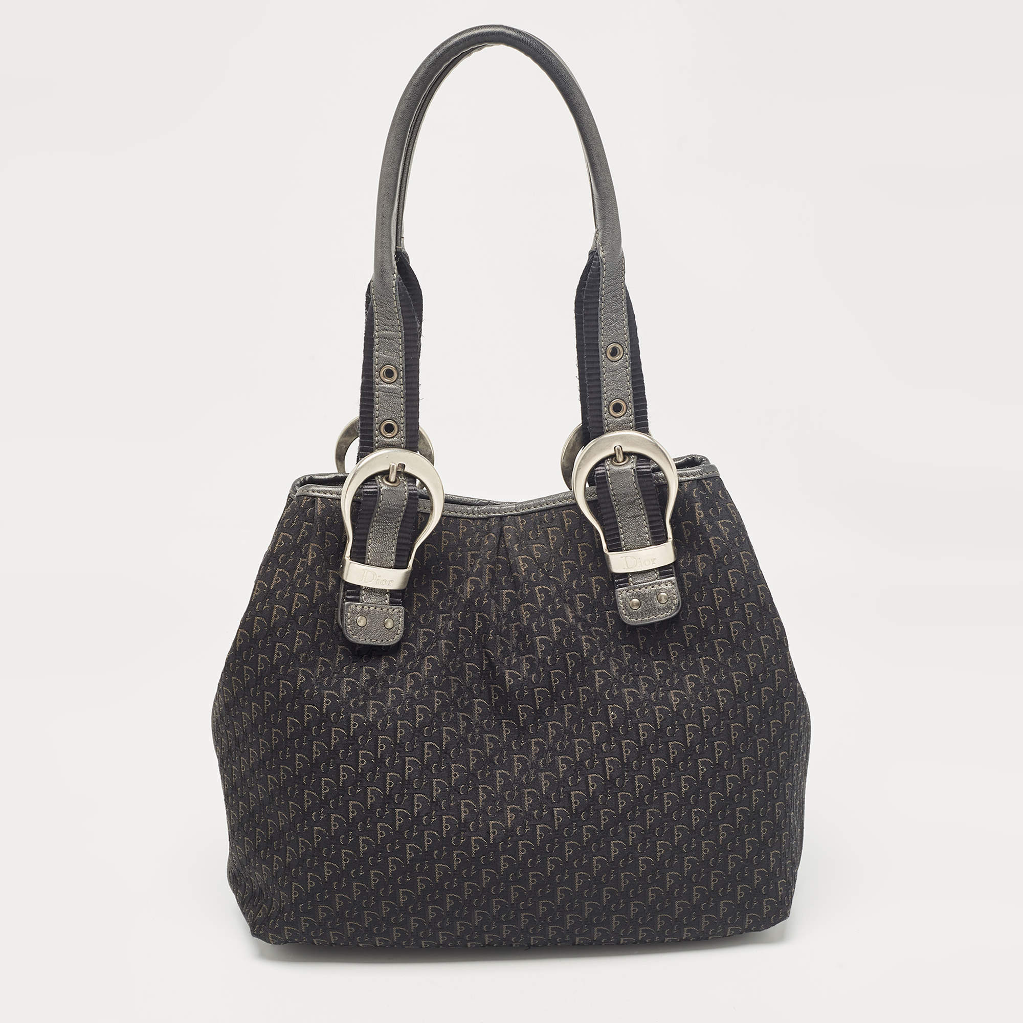 Pre Owned Dior Black Oblique Canvas and Leather Buckle Tote