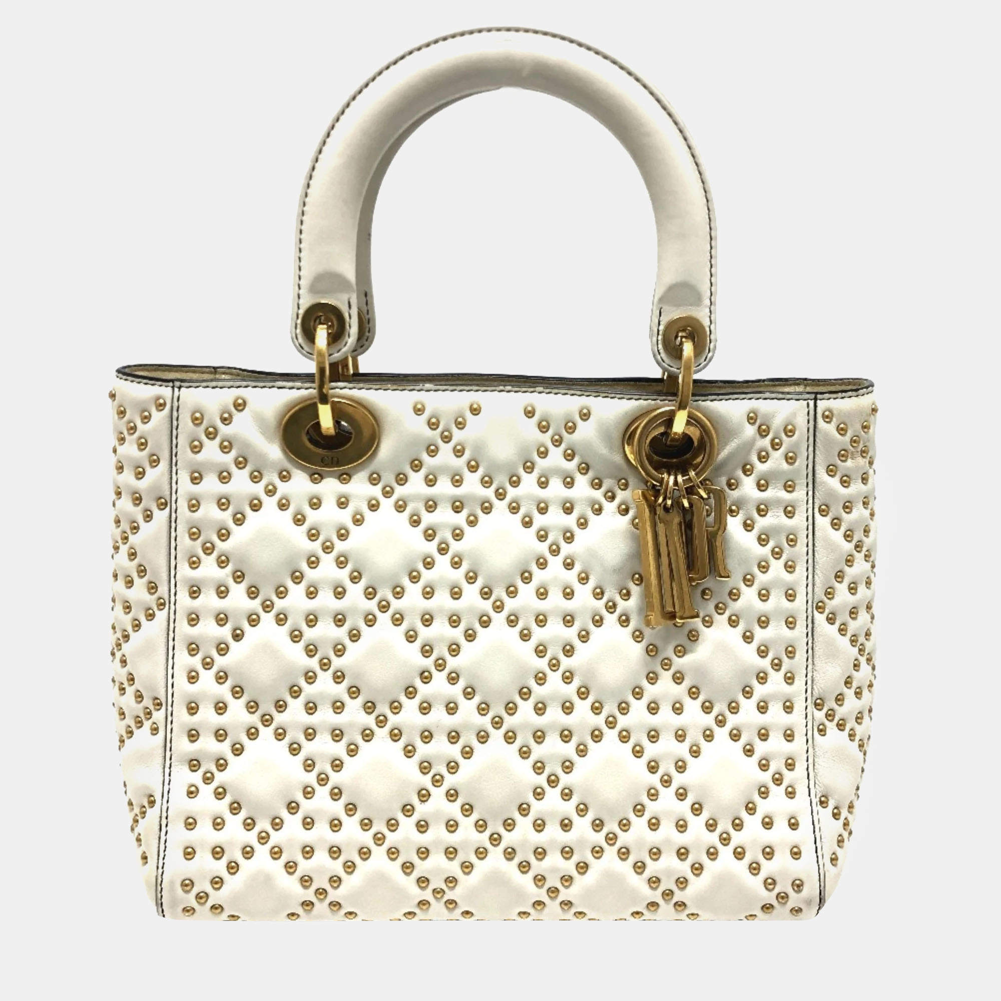 Dior White Leather Studded Medium Lady Dior Top Handle Bags