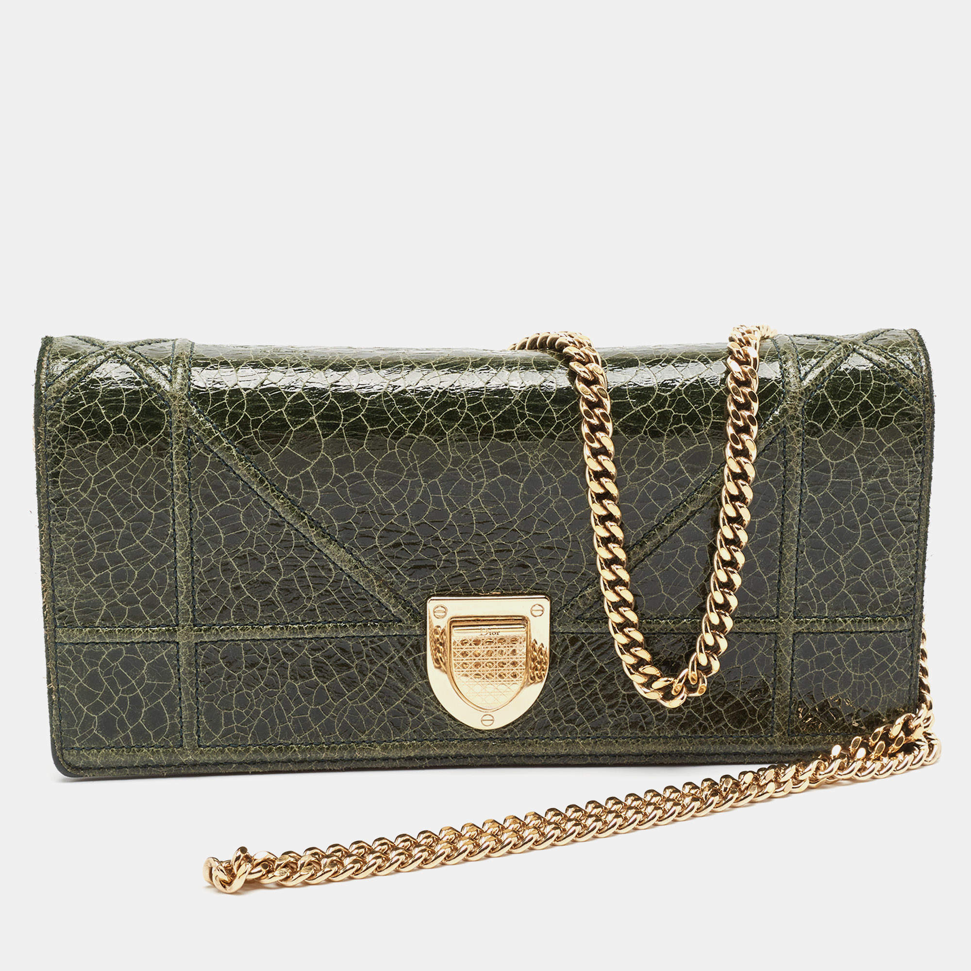 Dior Green Crackled Patent Leather Diorama Wallet On Chain