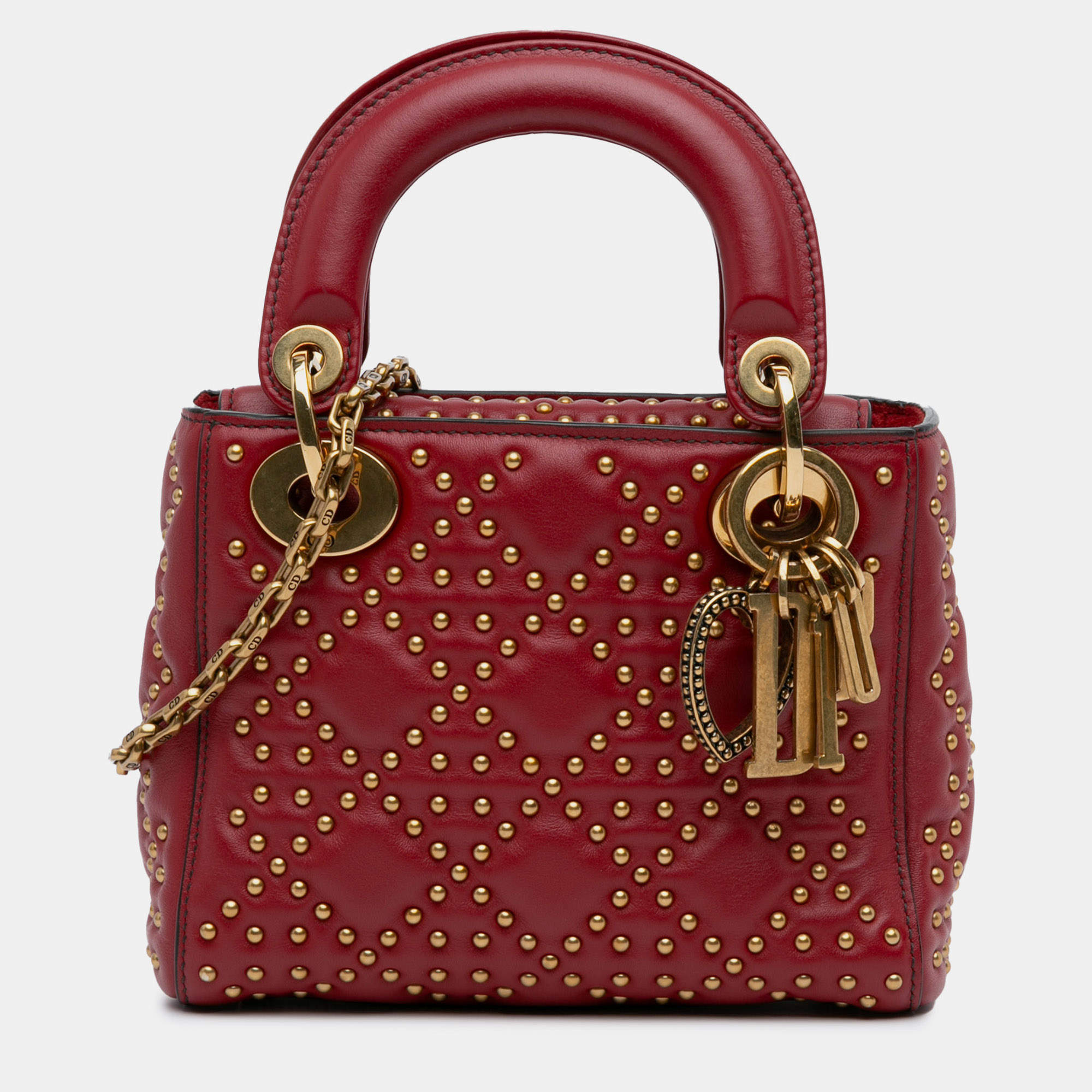 Dior Red Lambskin Cannage Mini Studded Supple Lady Dior Tote Bag