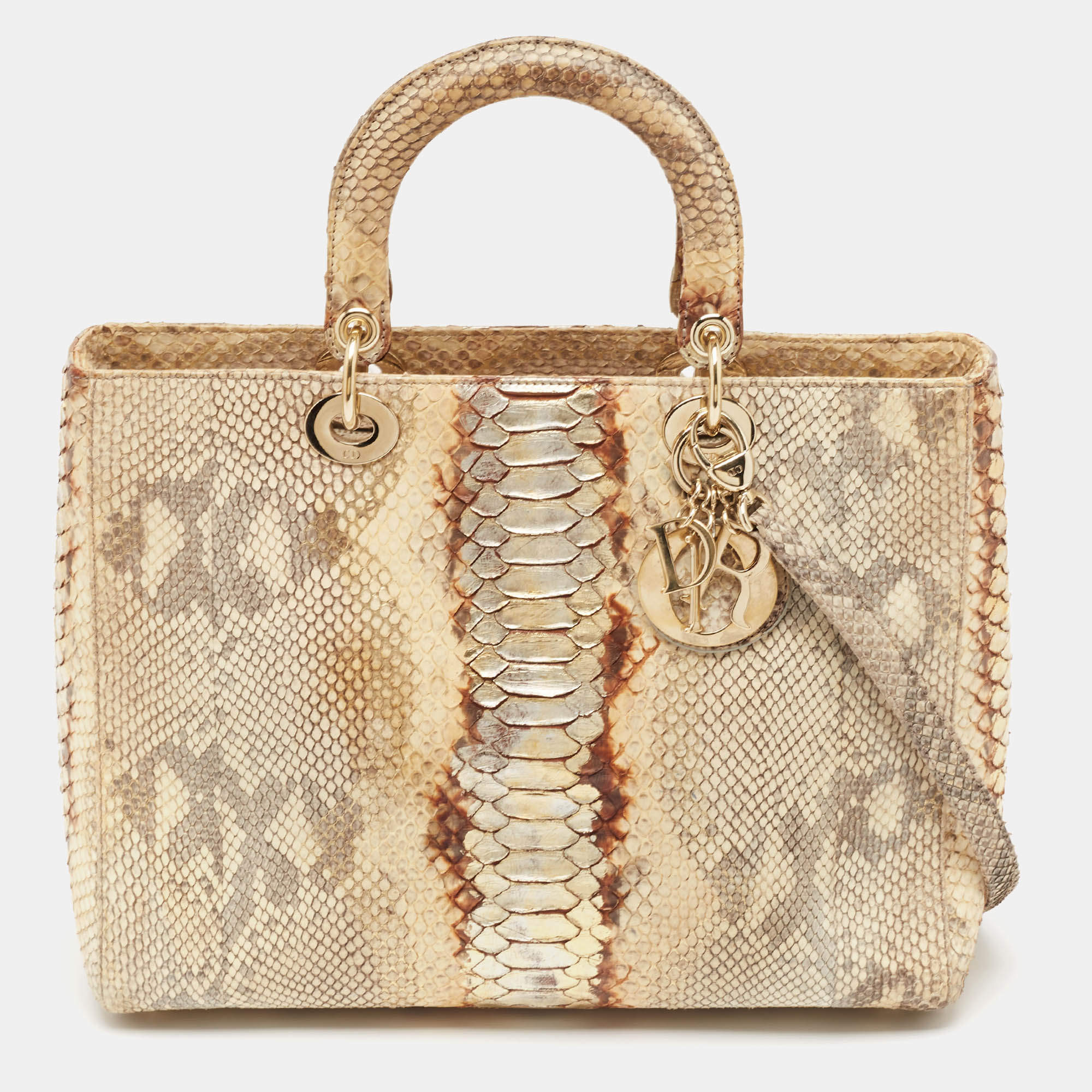 Pre Owned Dior Gold/Beige Python Large Lady Dior Tote