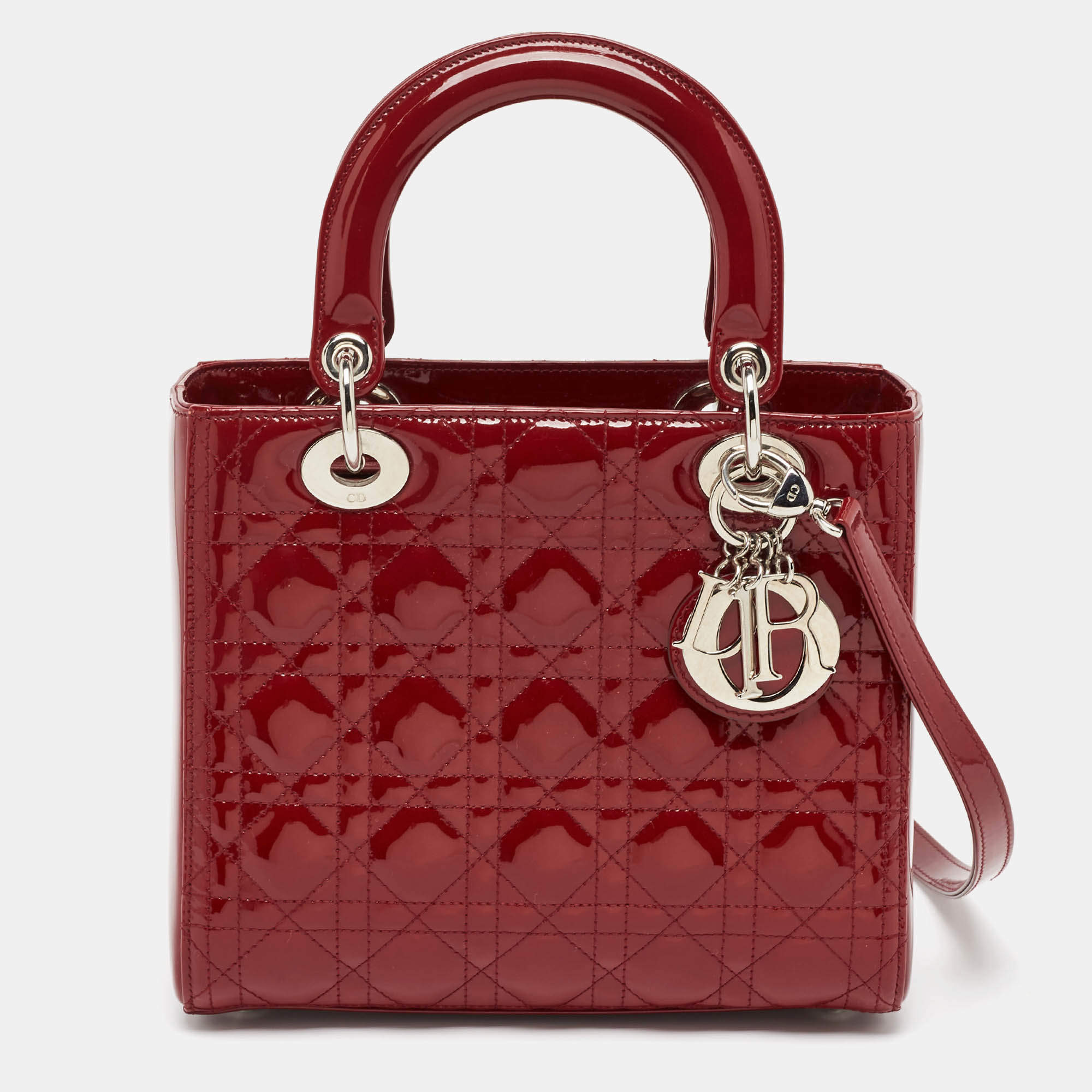 Pre Owned Dior Red Cannage Patent Leather Medium Lady Dior Tote