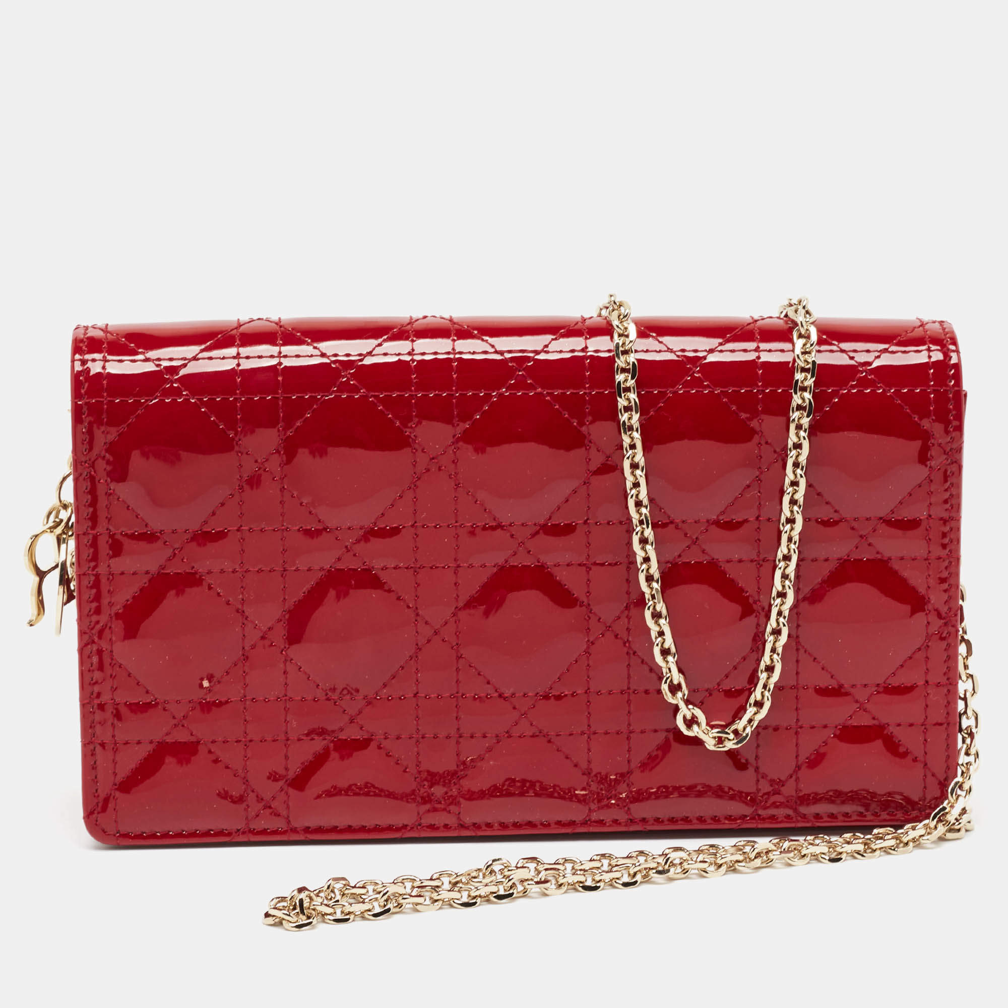 Pre Owned Dior Red Cannage Patent Leather Lady Dior Chain Clutch