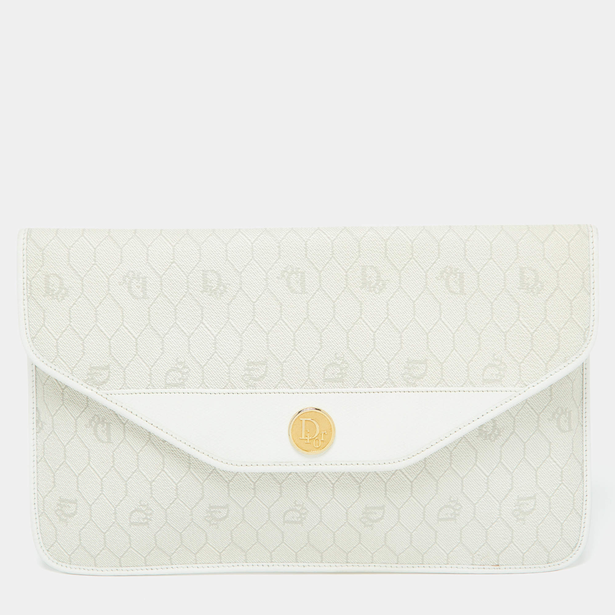 Pre Owned Dior Off White Honeycomb Monogram Coated Canvas and Leather Clutch