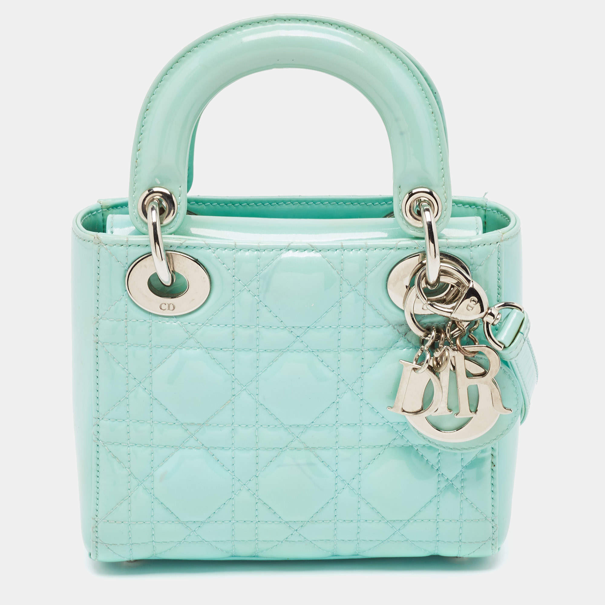 Pre Owned Dior Mint Blue Cannage Patent Leather Mini Lady Dior Tote