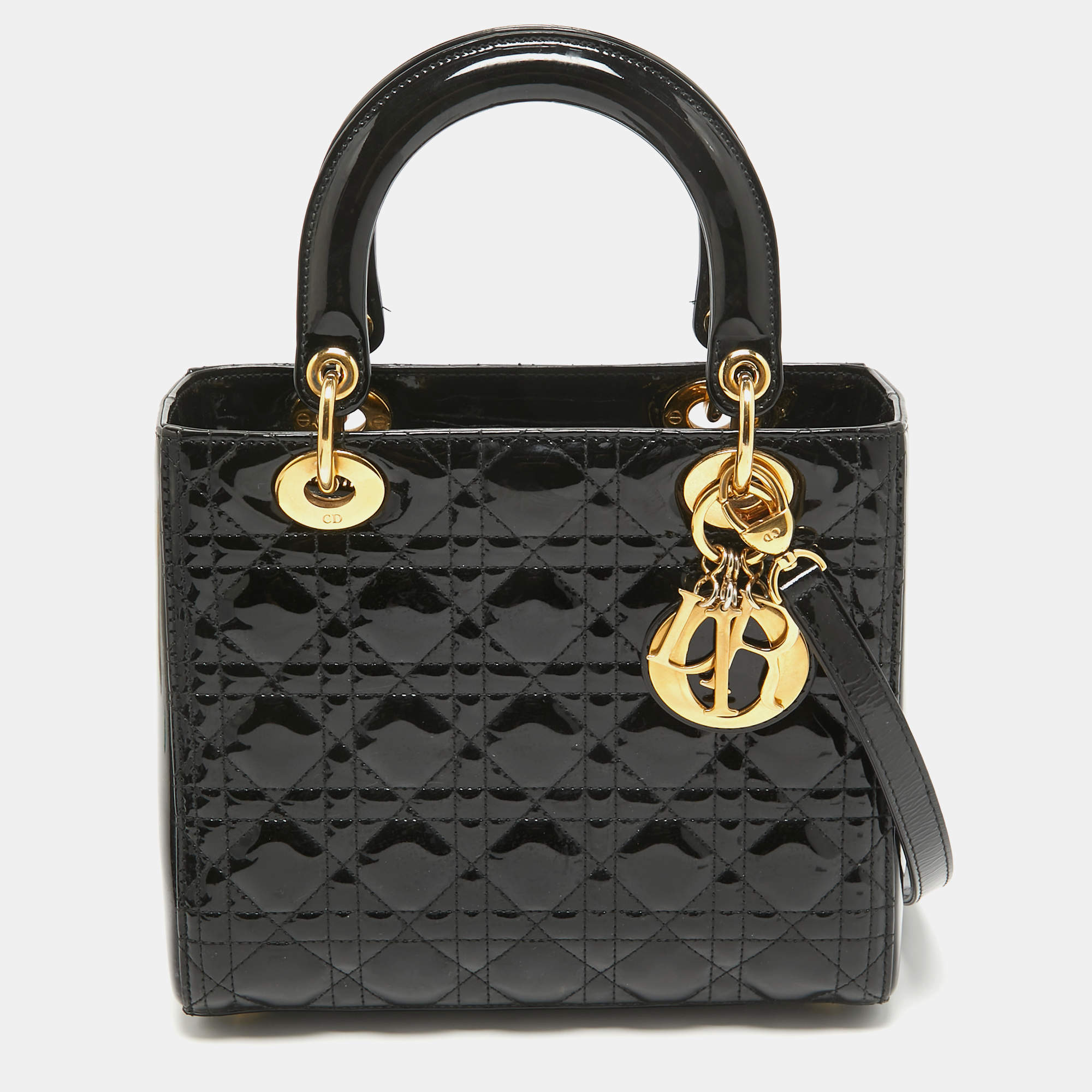 Pre Owned Dior Black Cannage Patent Leather Medium Lady Dior Tote