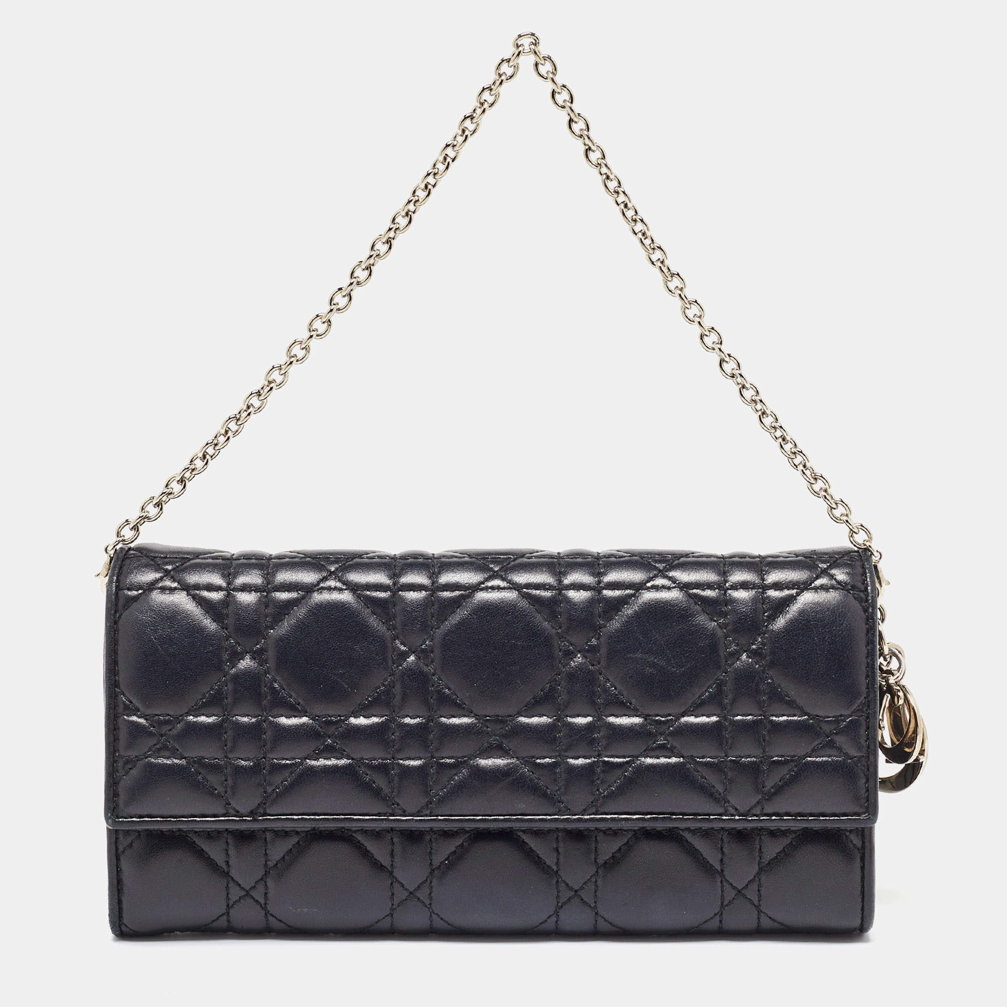 Pre Owned Dior Black Cannage Leather Lady Dior Wallet On Chain