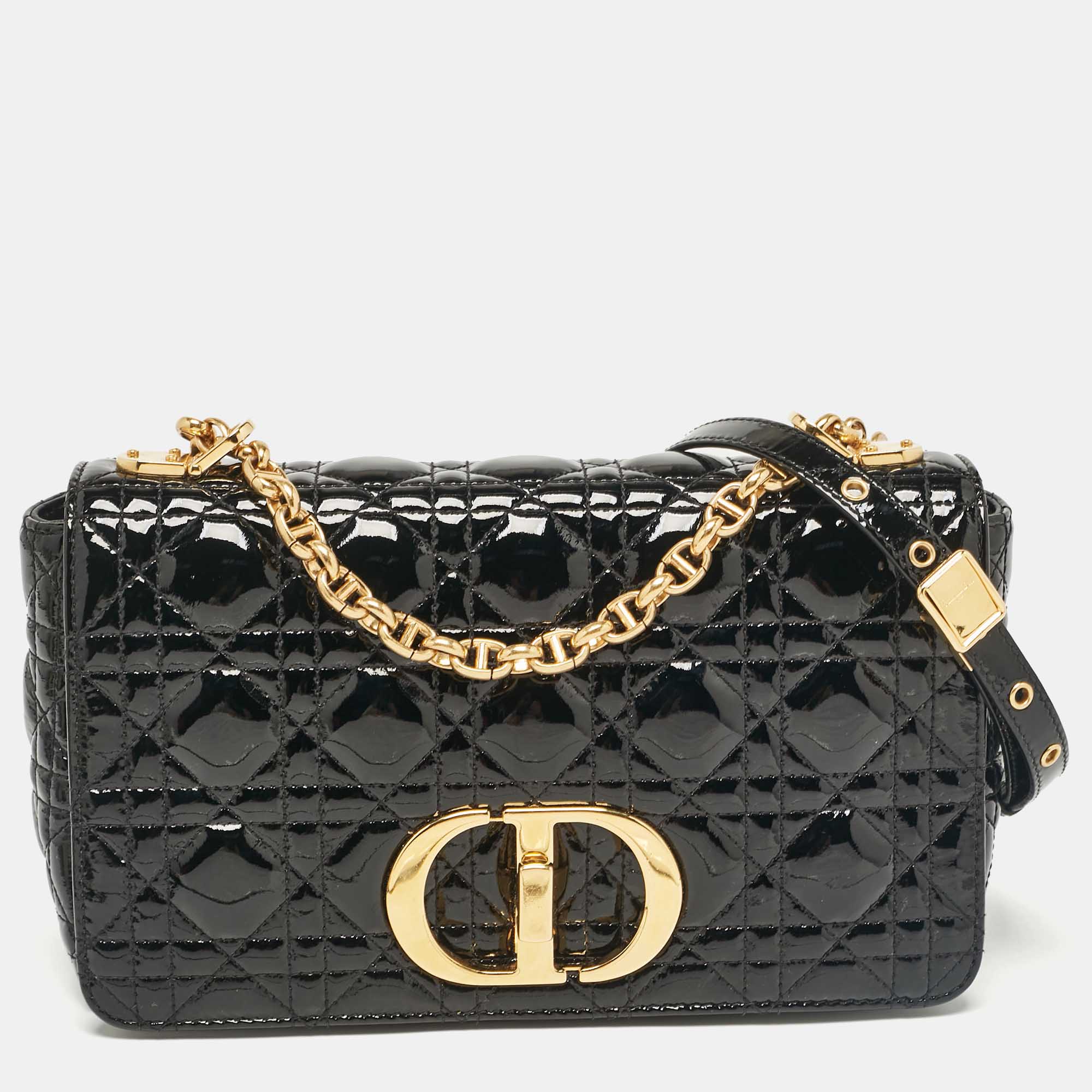 Pre Owned Dior Black Cannage Patent Leather Medium Caro Shoulder Bag
