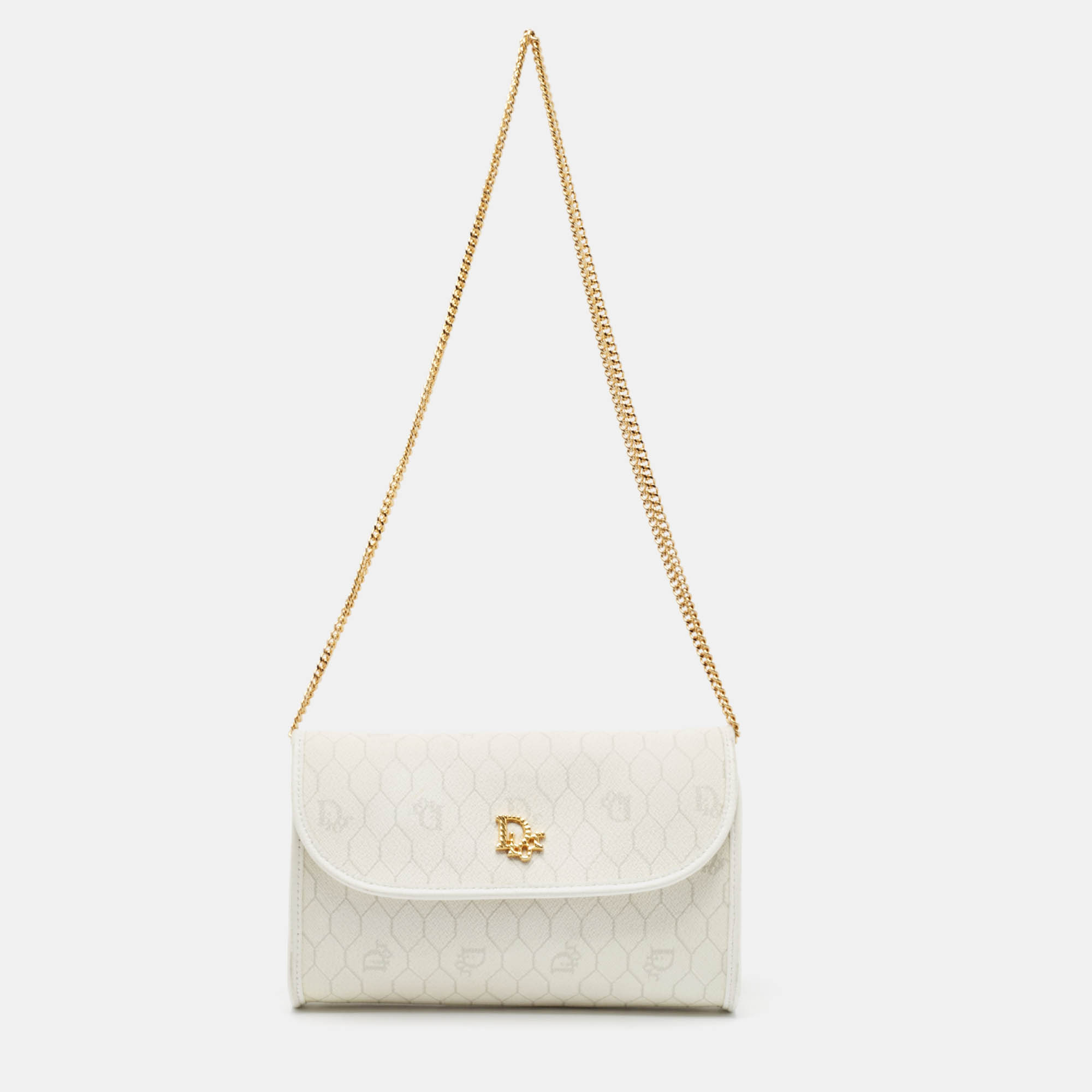 Pre Owned Dior White Honeycomb Monogram Coated Canvas and Leather Chain Clutch