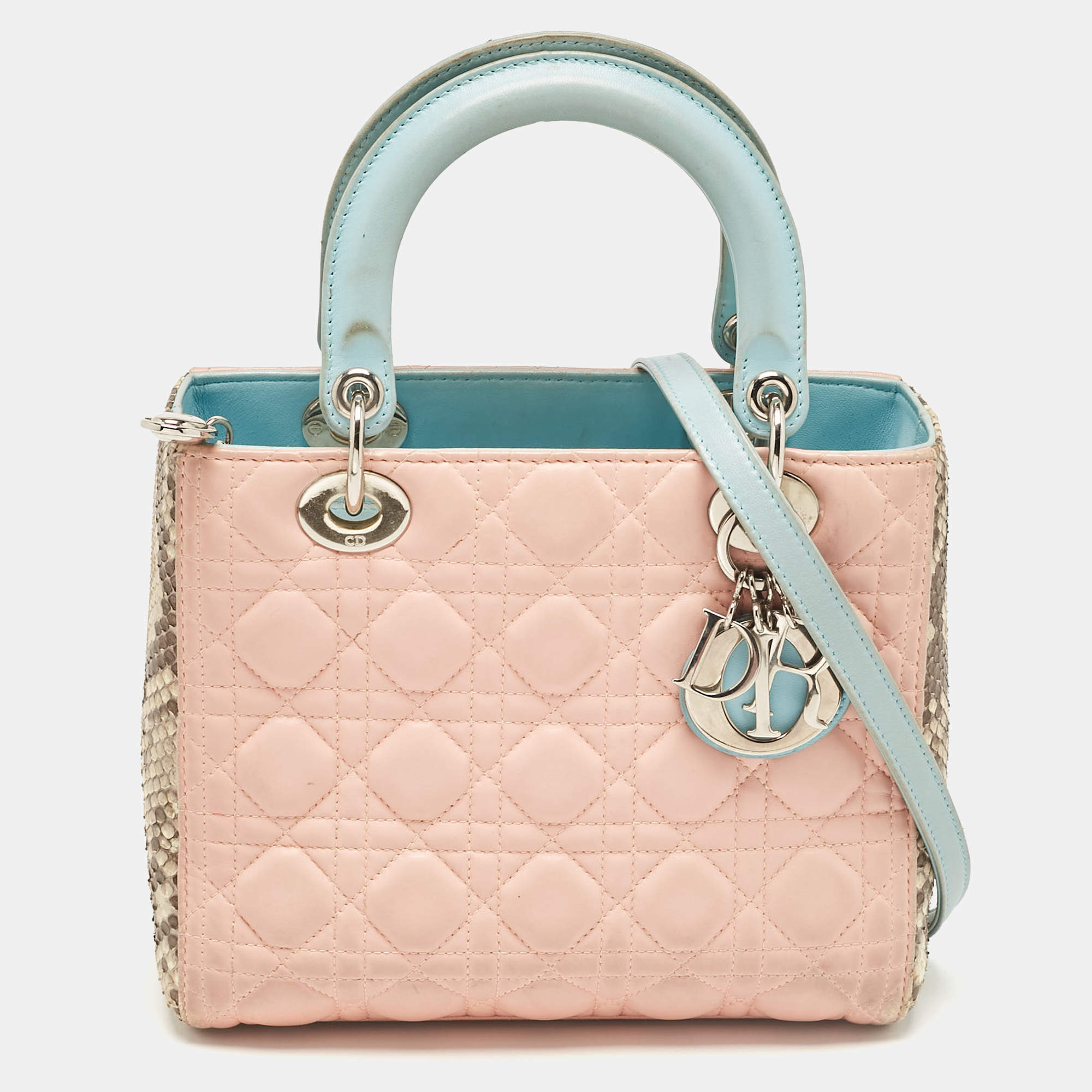 Pre Owned Dior Multicolor Cannage Leather and Python Medium Lady Dior Tote