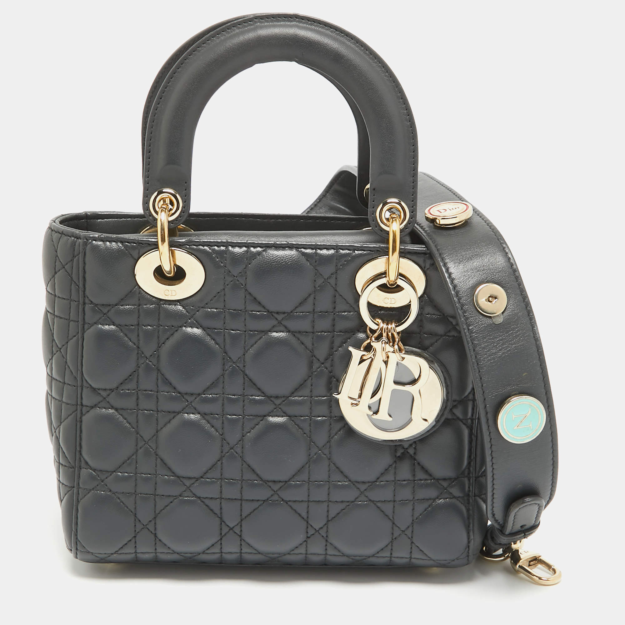 Pre Owned Dior Dark Grey Cannage Leather Small Lady Dior My ABCDior Bag