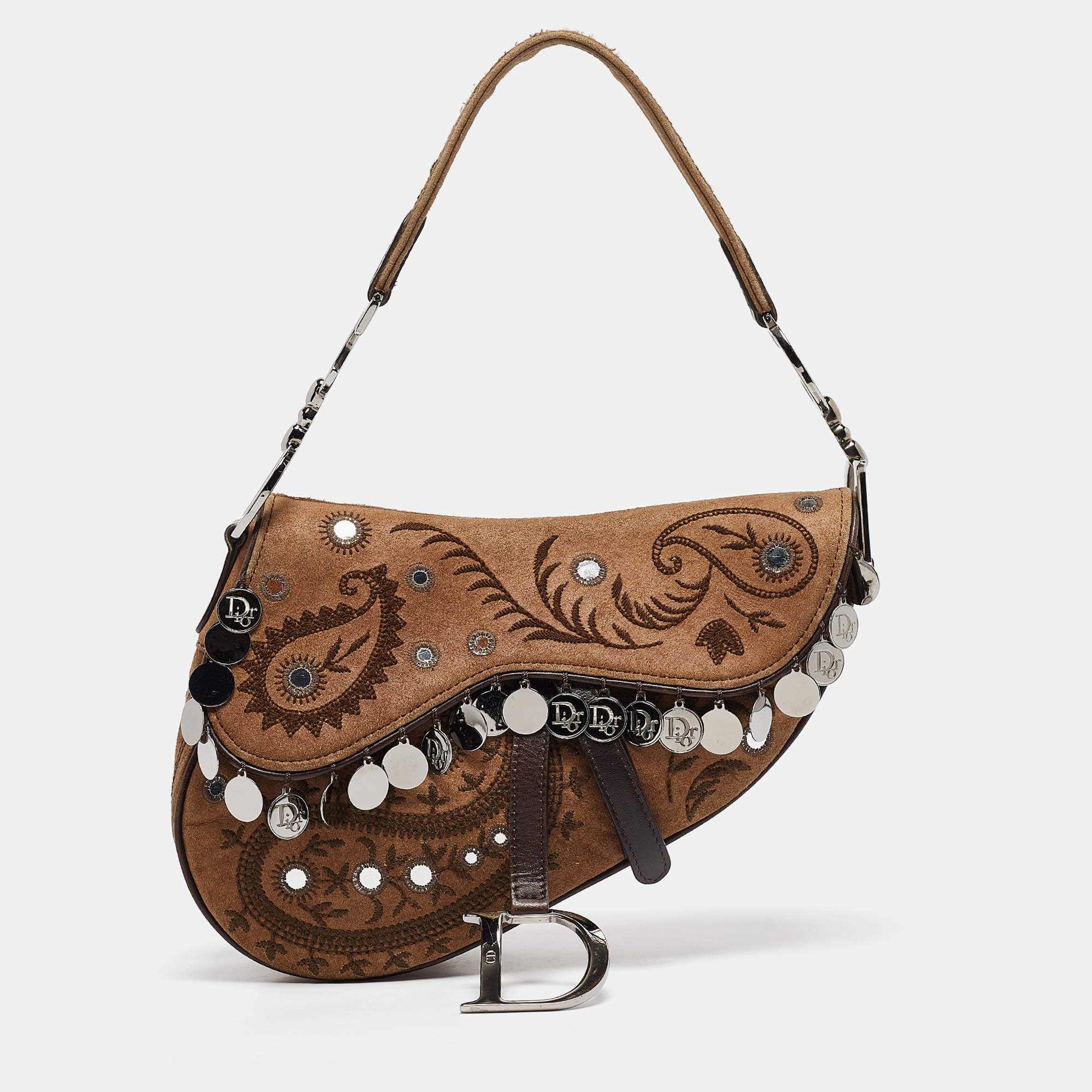 Pre Owned Dior Brown Embroidered Suede and Leather Limited Edition 0167 Embellished Saddle Bag