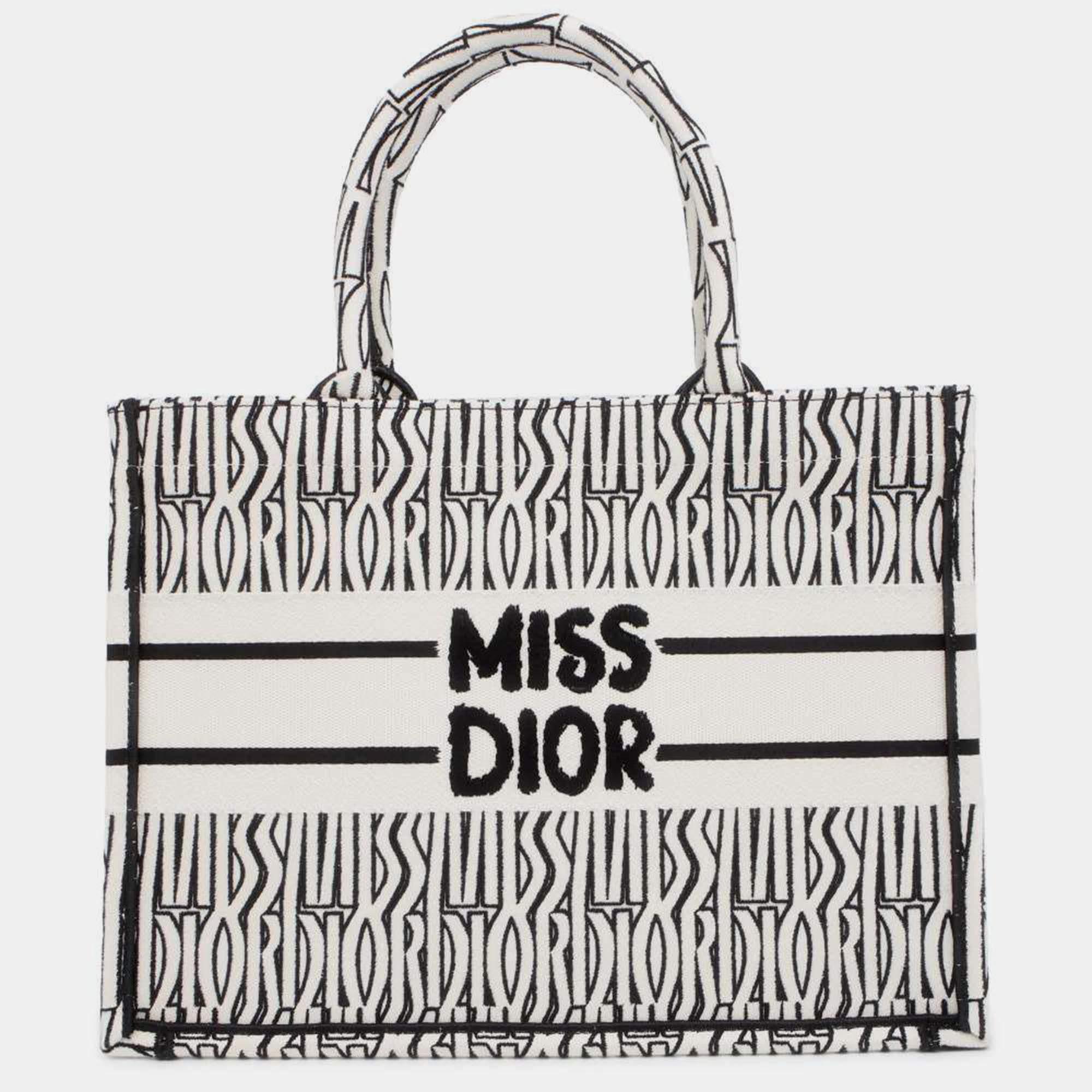 Dior White/Black Canvas Miss Dior Allover Embroidery Book Tote Bag