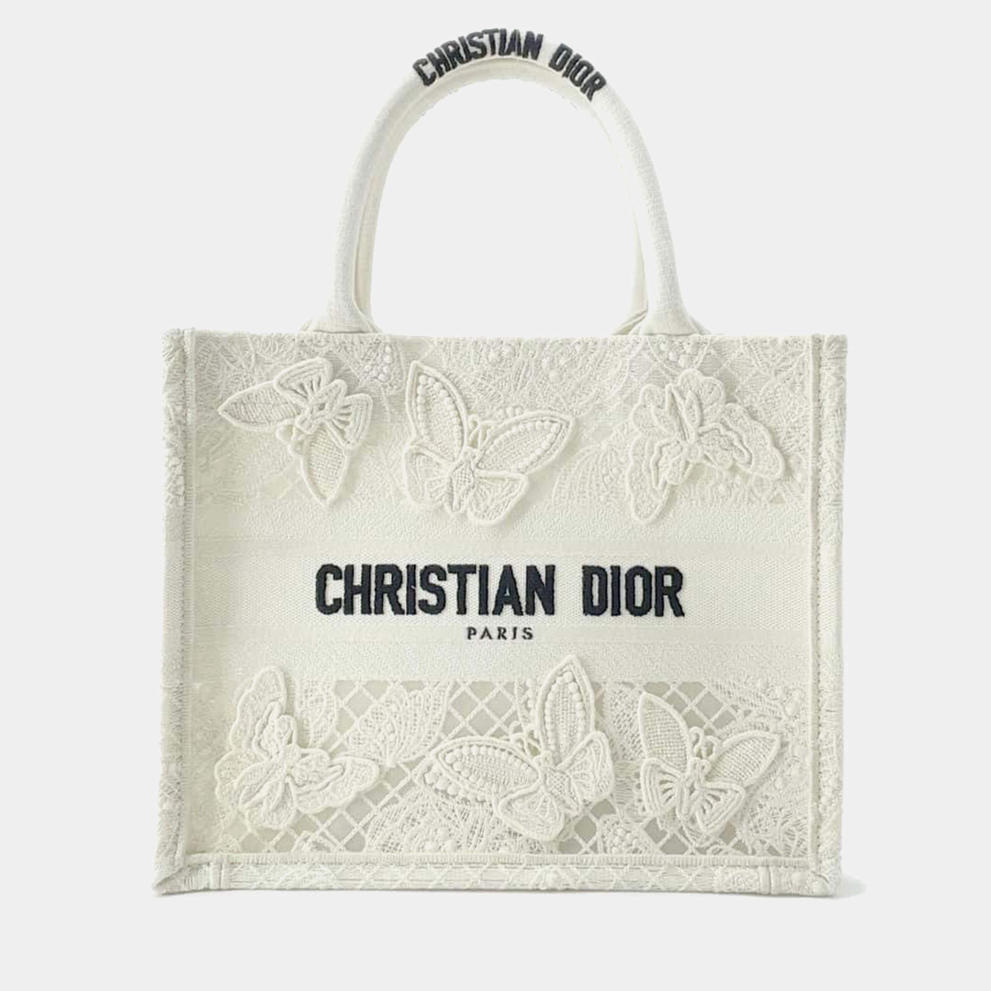 Dior White Canvas Small Butterfly Embroidery Book Tote Bag