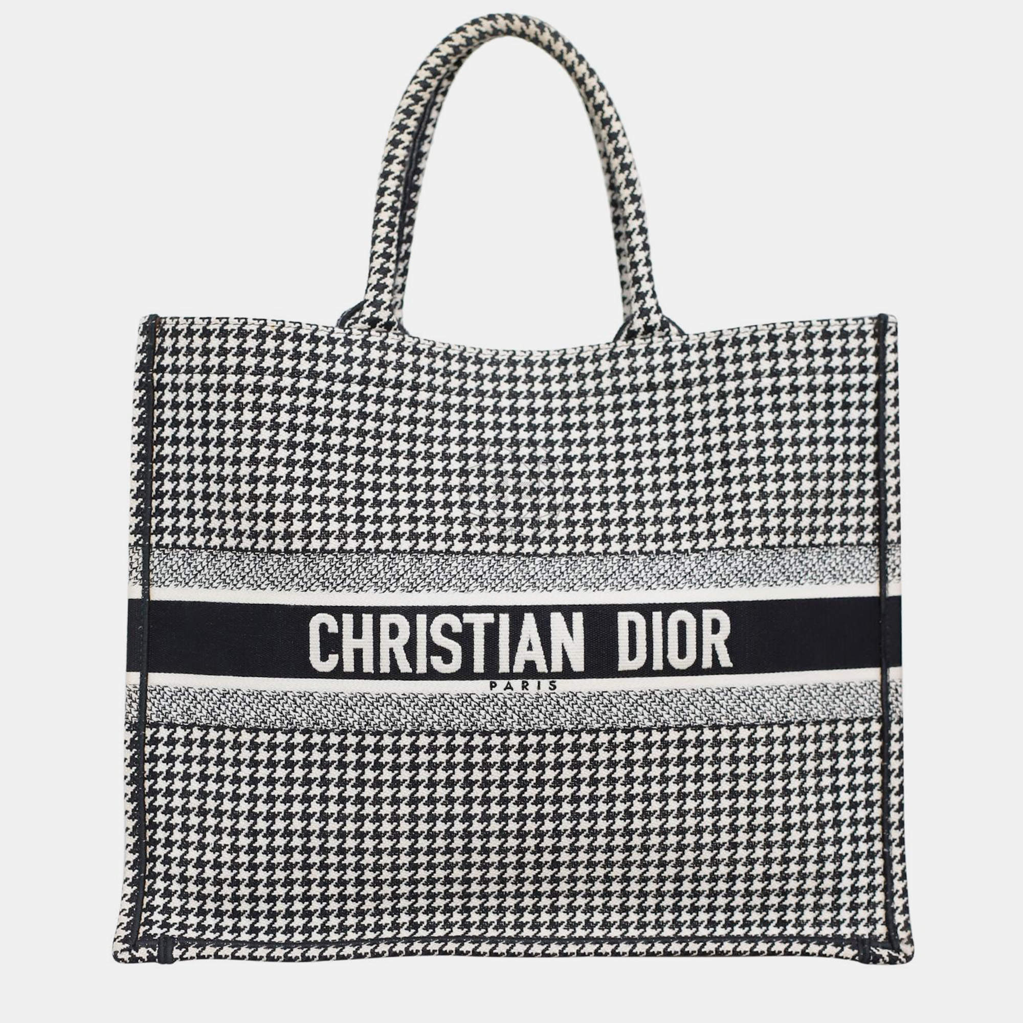 Christian Dior Black/ White Houndstooth Large Book Tote Bag