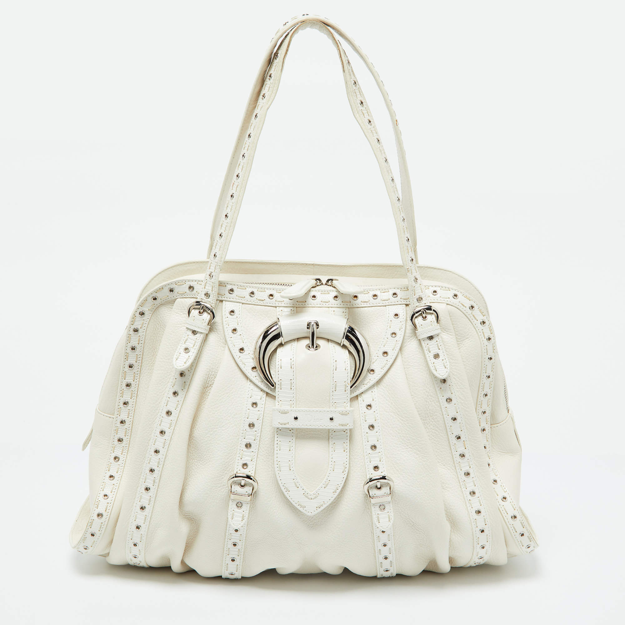 Dior White Leather Buckle Detail Zip Satchel