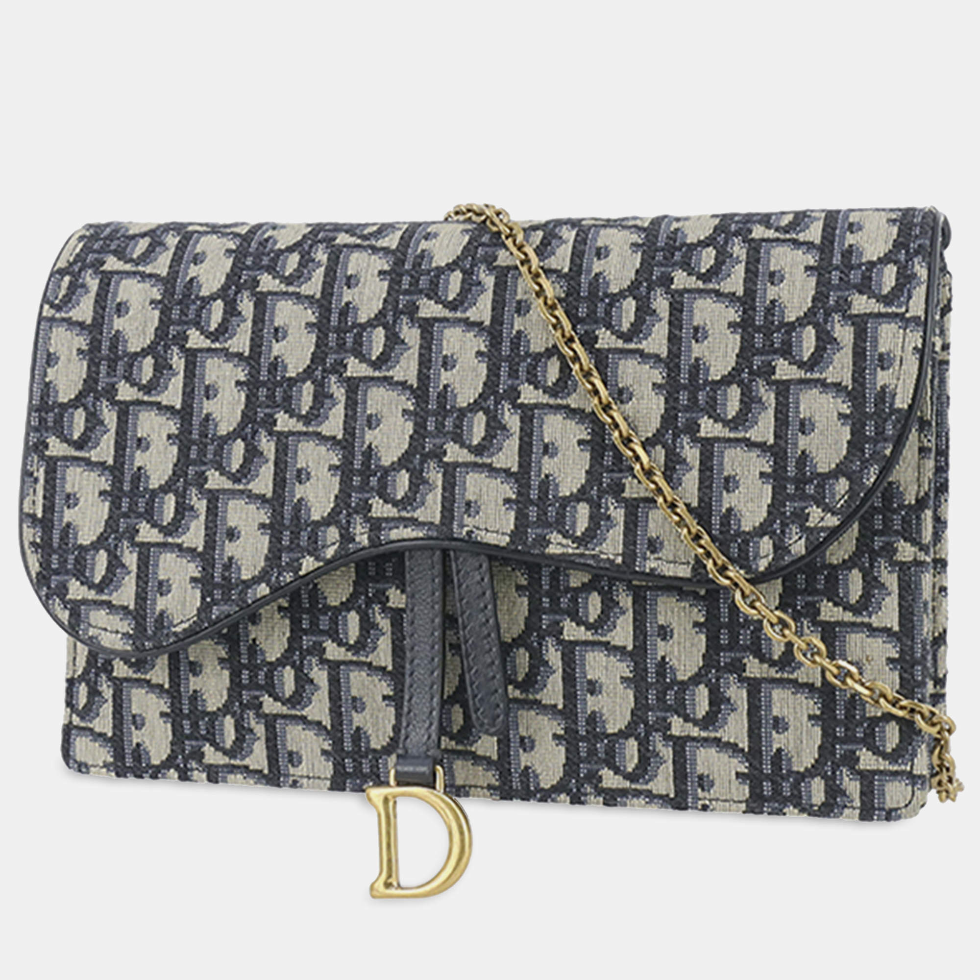 Dior Blue Oblique Canvas Saddle Wallet On Chain