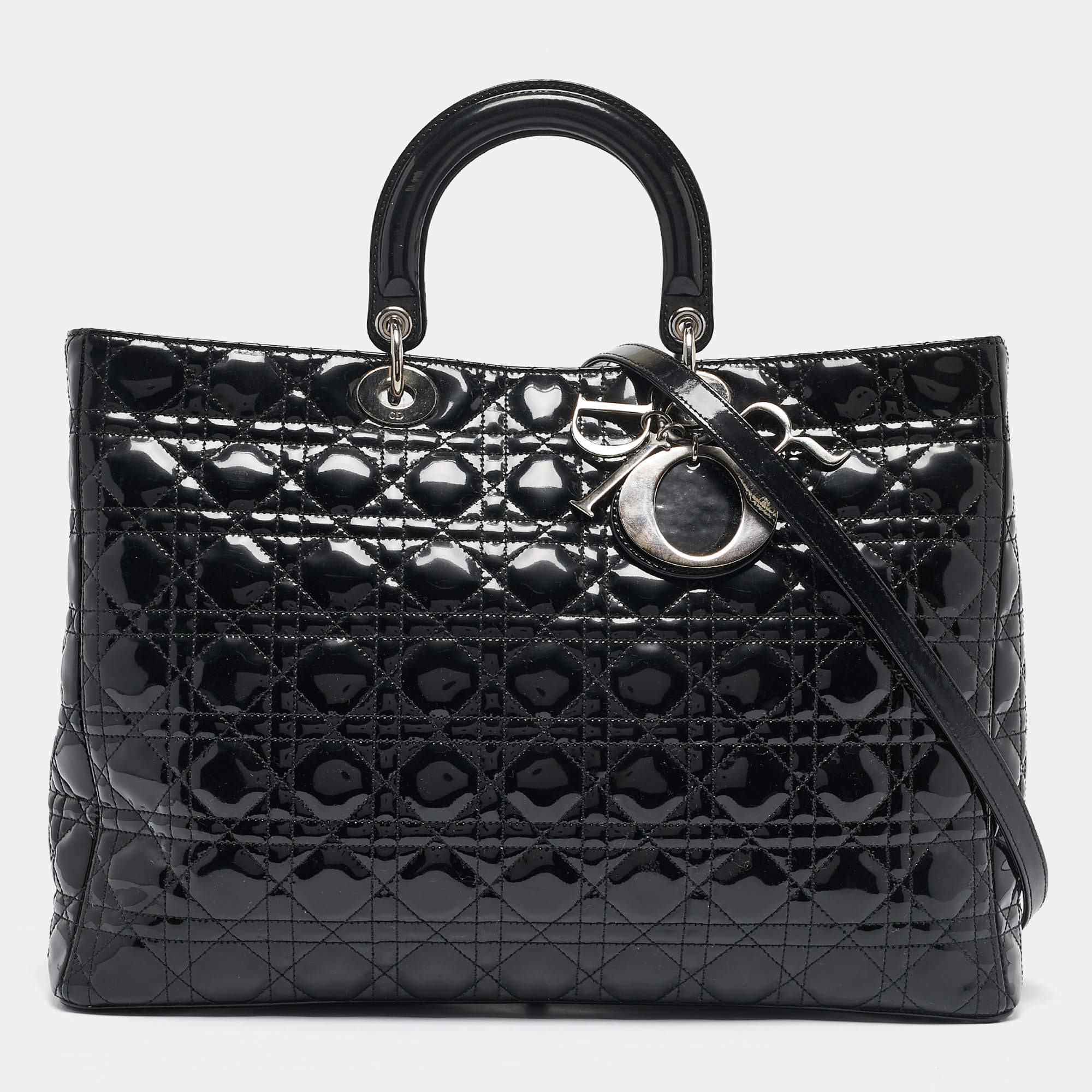 Pre Owned Dior Black Cannage Patent Leather XL Lady Dior Tote