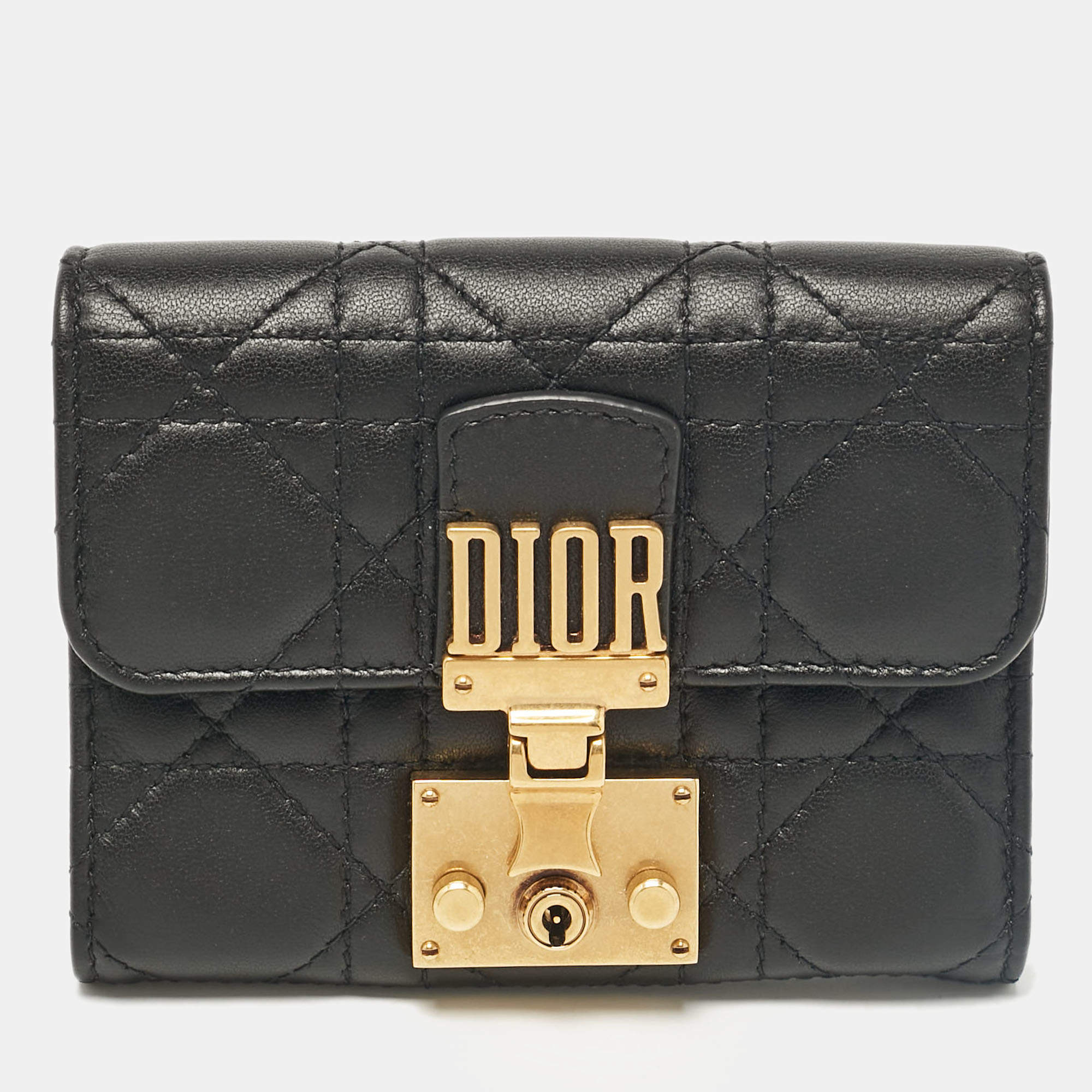 Pre Owned Dior Black Cannage Leather Dior Addict Compact Wallet