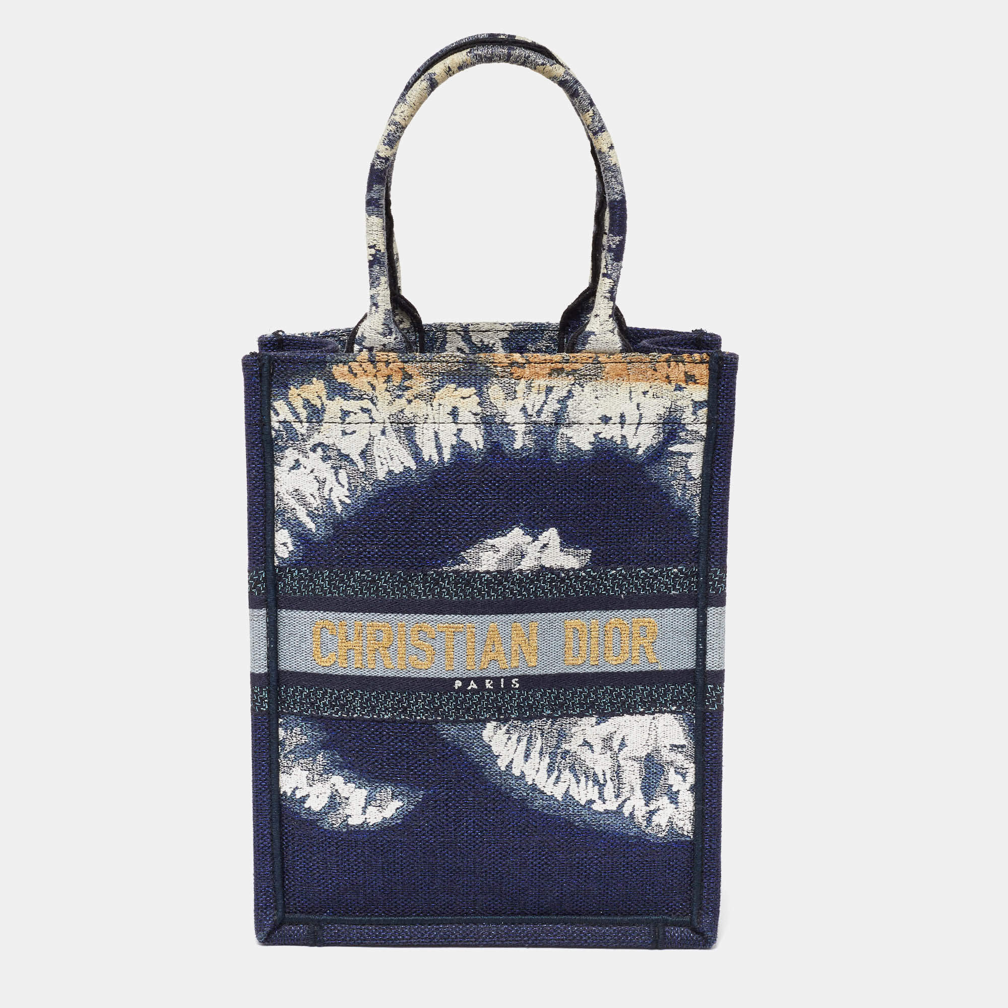 Pre Owned Dior Navy Blue/White Tie Dye Canvas Mini Vertical Dior Book Tote