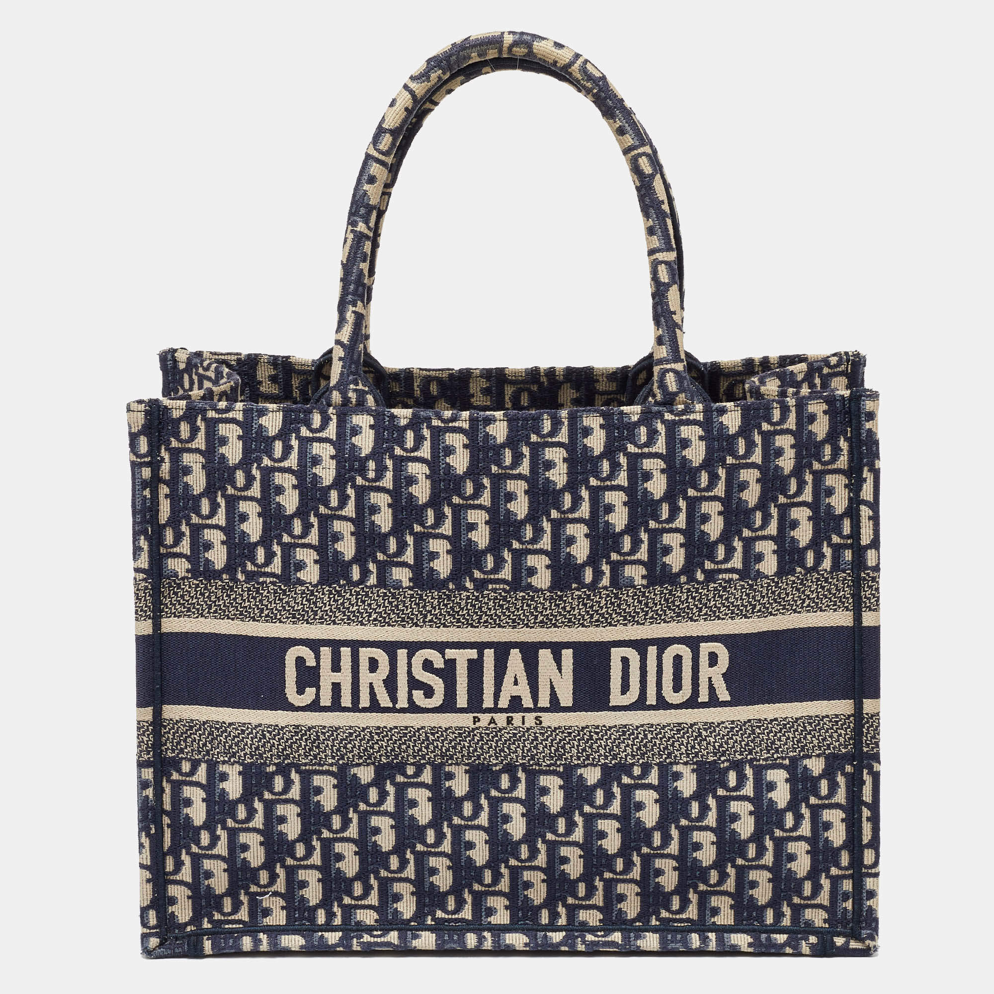 Dior Navy Blue Oblique Embroidered Canvas Medium Book Tote