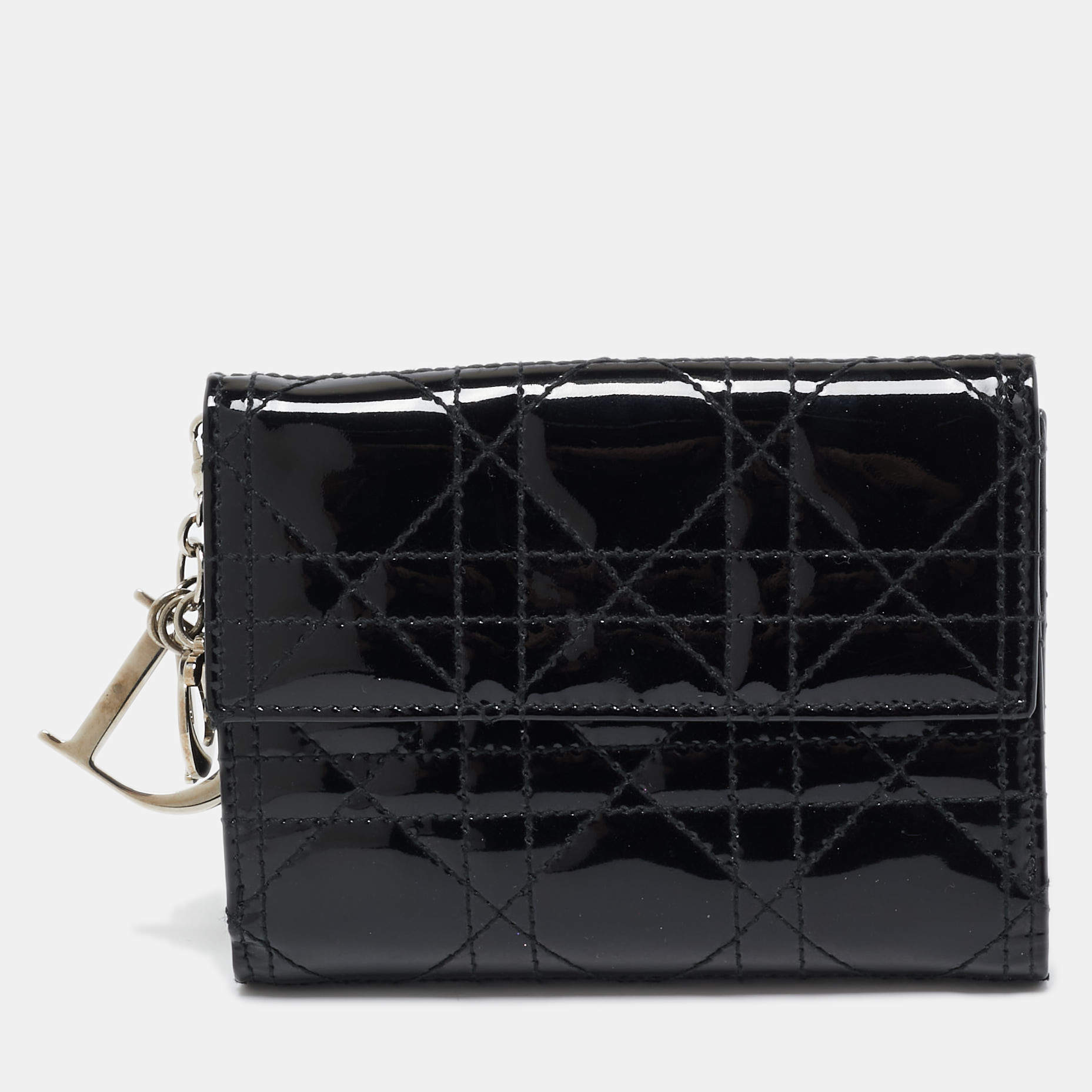 Pre Owned Dior Black Cannage Patent Leather Lady Dior French Wallet