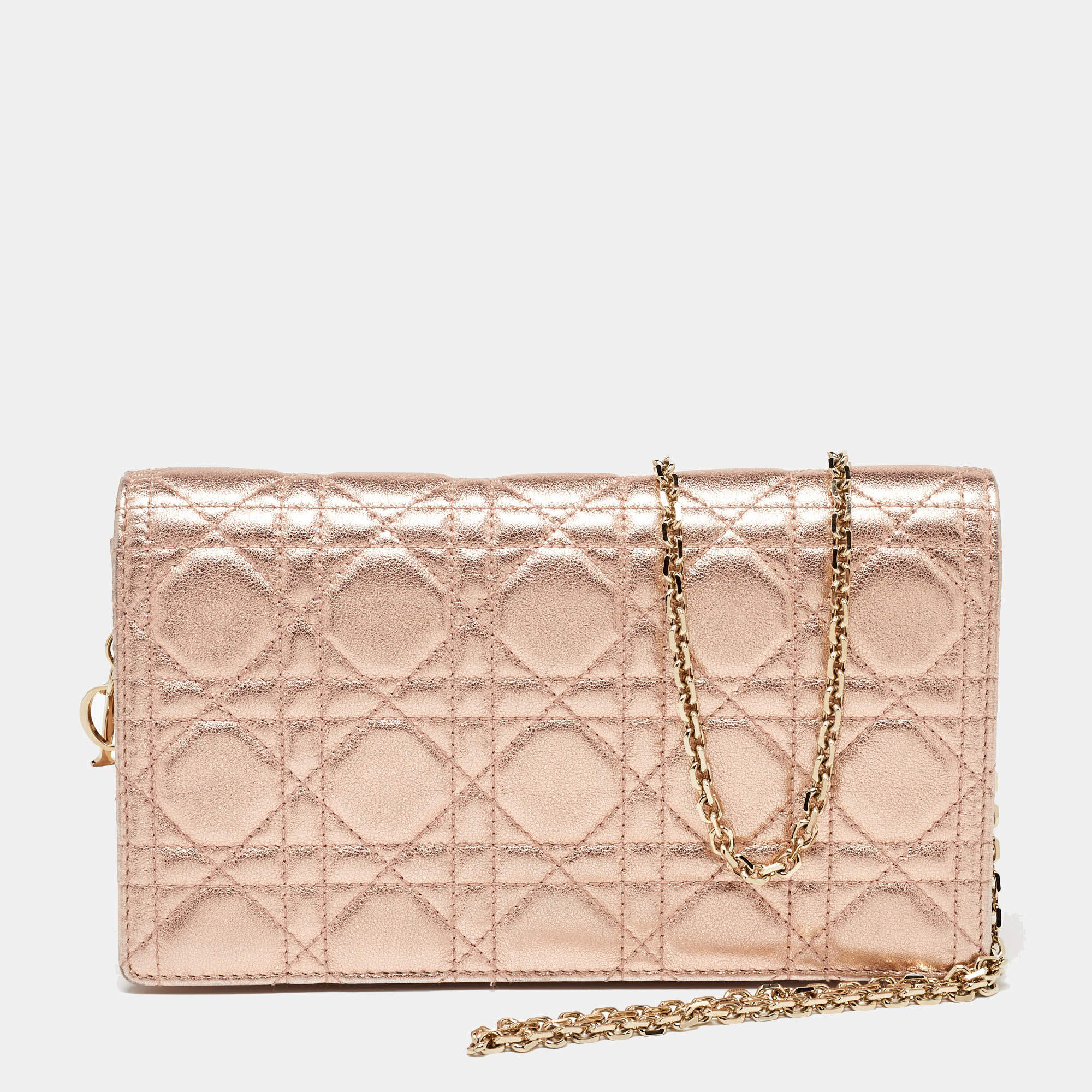 Pre Owned Dior Metallic Rose Gold Cannage Leather Lady Dior Clutch