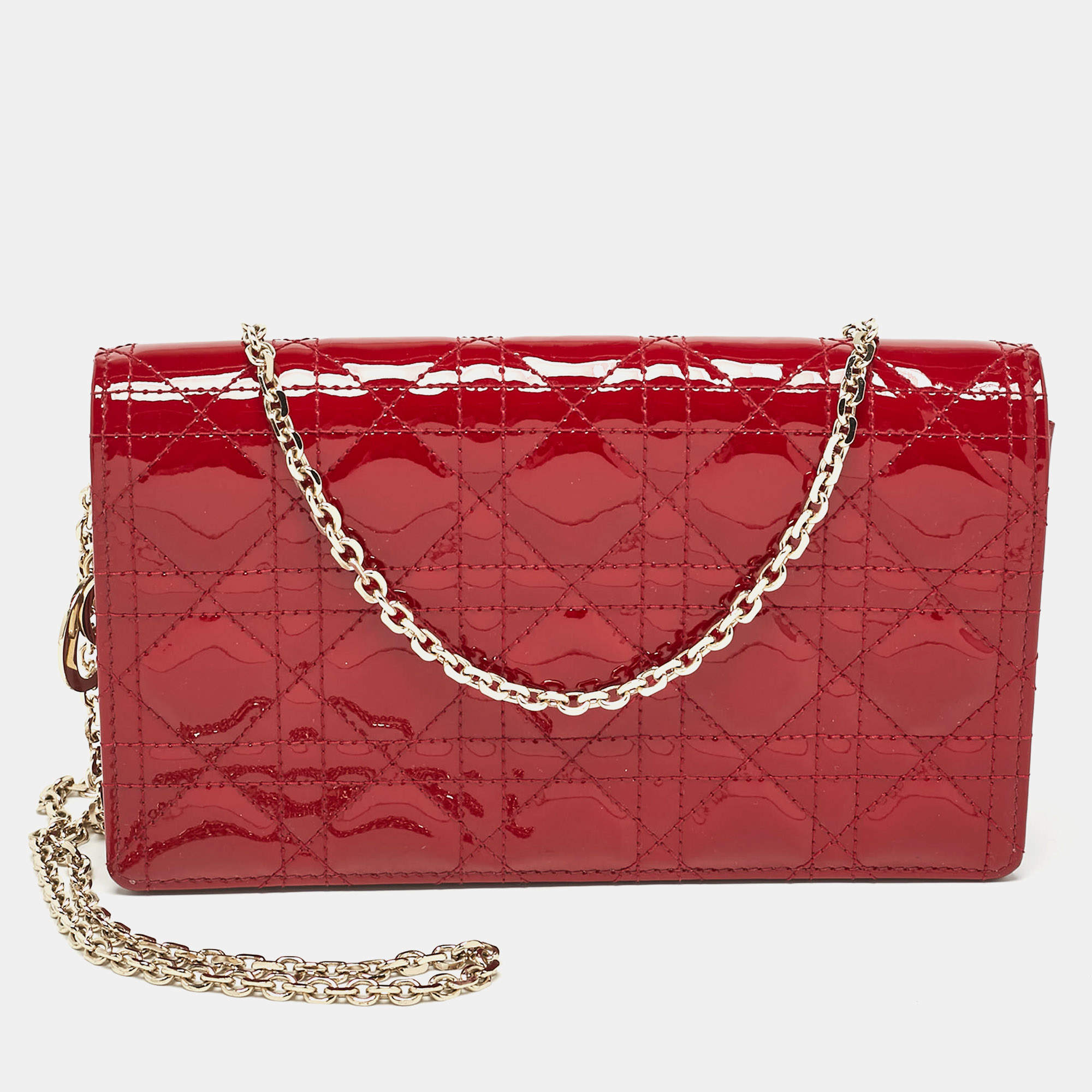 Dior Red Cannage Patent Leather Lady Dior Chain Pouch